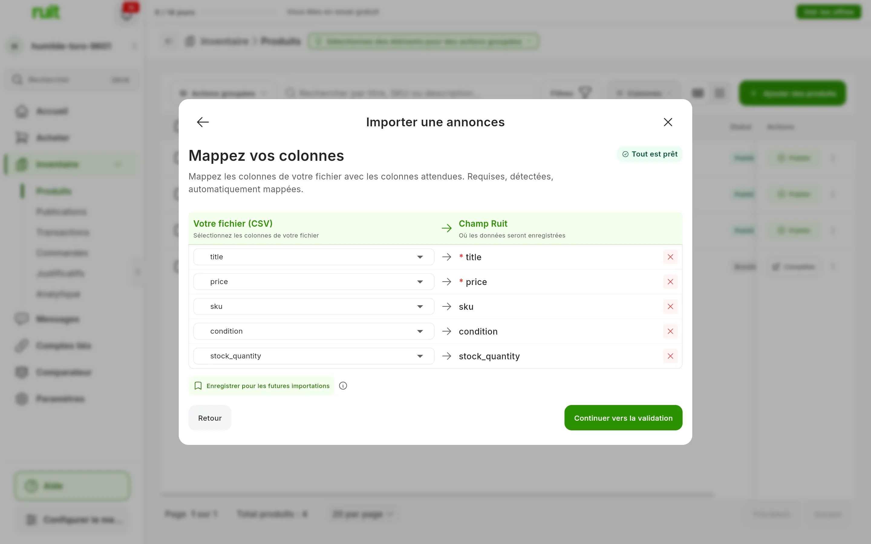 L'étape Mappez vos colonnes : à gauche les colonnes du fichier et à droite le champ RUIT où chacune sera enregistrée, avec le badge Tout est prêt et les boutons Retour et Continuer vers la validation