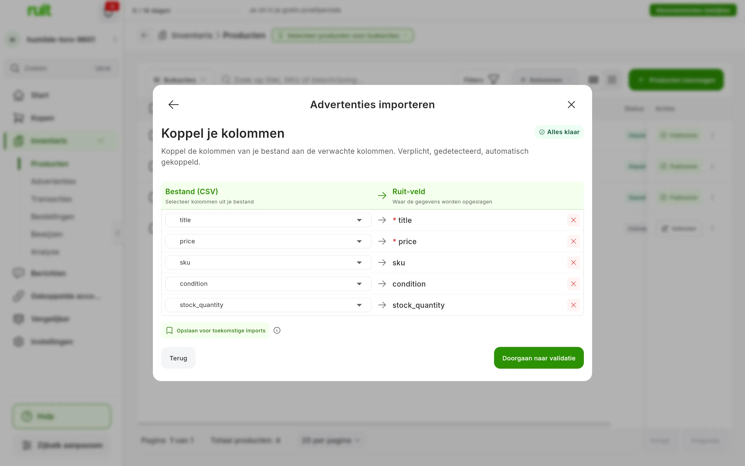 De stap Koppel je kolommen: links de kolommen van het bestand en rechts het veld van RUIT waarin elke kolom wordt opgeslagen, met het label Alles klaar en de knoppen Terug en Doorgaan naar validatie
