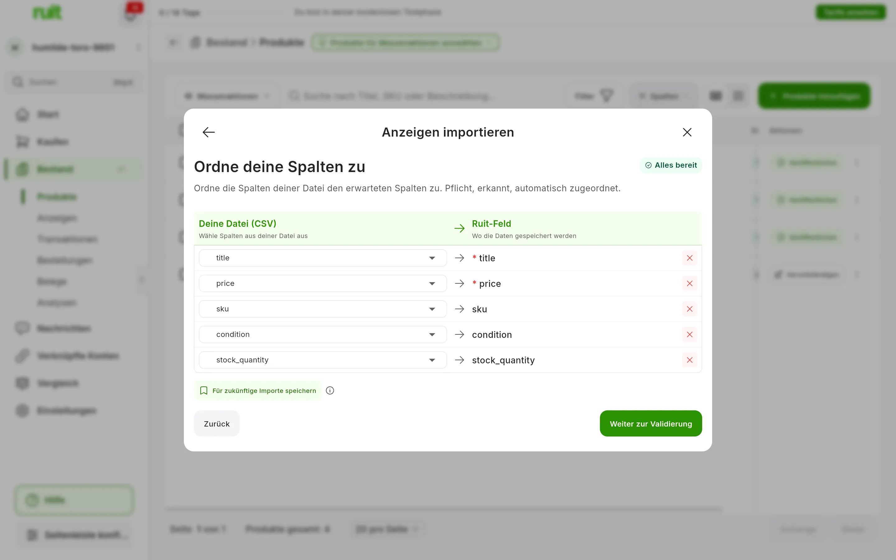 Der Schritt Ordne deine Spalten zu: links die Spalten der Datei und rechts das RUIT-Feld, in dem jede gespeichert wird, mit der Markierung Alles bereit und den Schaltflächen Zurück und Weiter zur Validierung