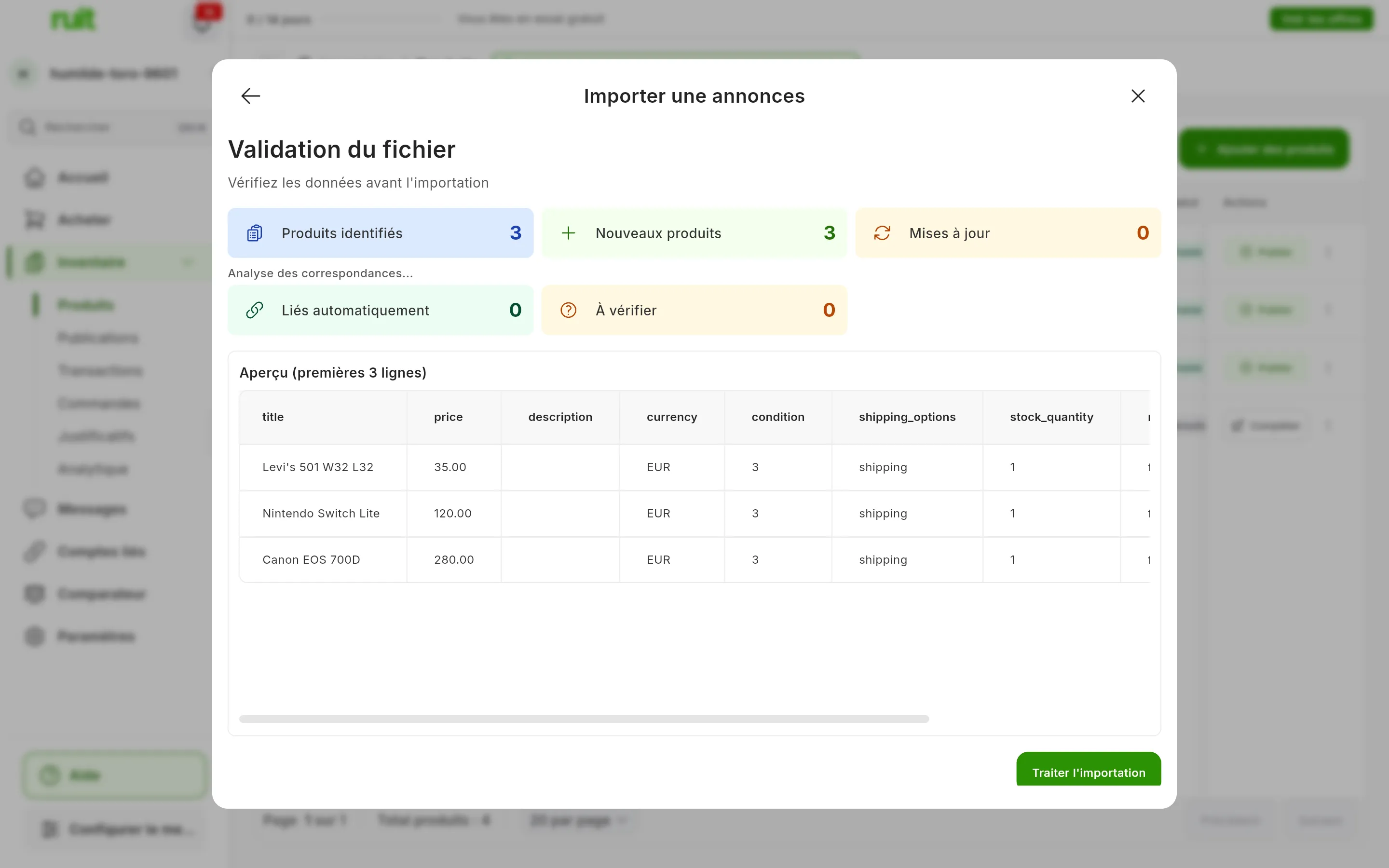 L'étape Validation du fichier : Produits identifiés 3, Nouveaux produits 3, Mises à jour 0, Liés automatiquement 0 et À vérifier 0 ; en dessous, l'aperçu des trois premières lignes et le bouton Traiter l'importation
