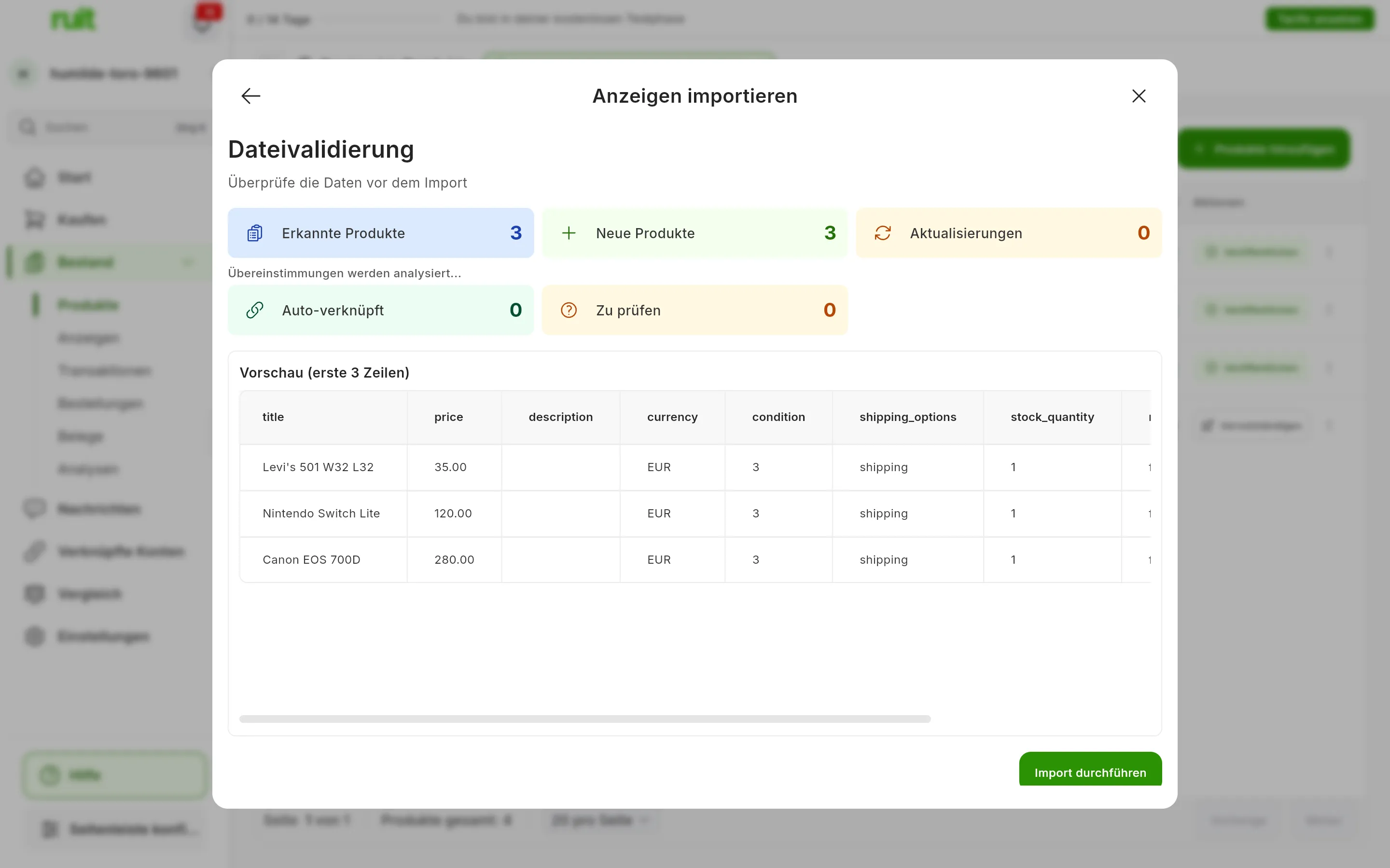 Der Schritt Dateivalidierung: Erkannte Produkte 3, Neue Produkte 3, Aktualisierungen 0, Auto-verknüpft 0 und Zu prüfen 0; darunter die Vorschau der ersten drei Zeilen und die Schaltfläche Import durchführen