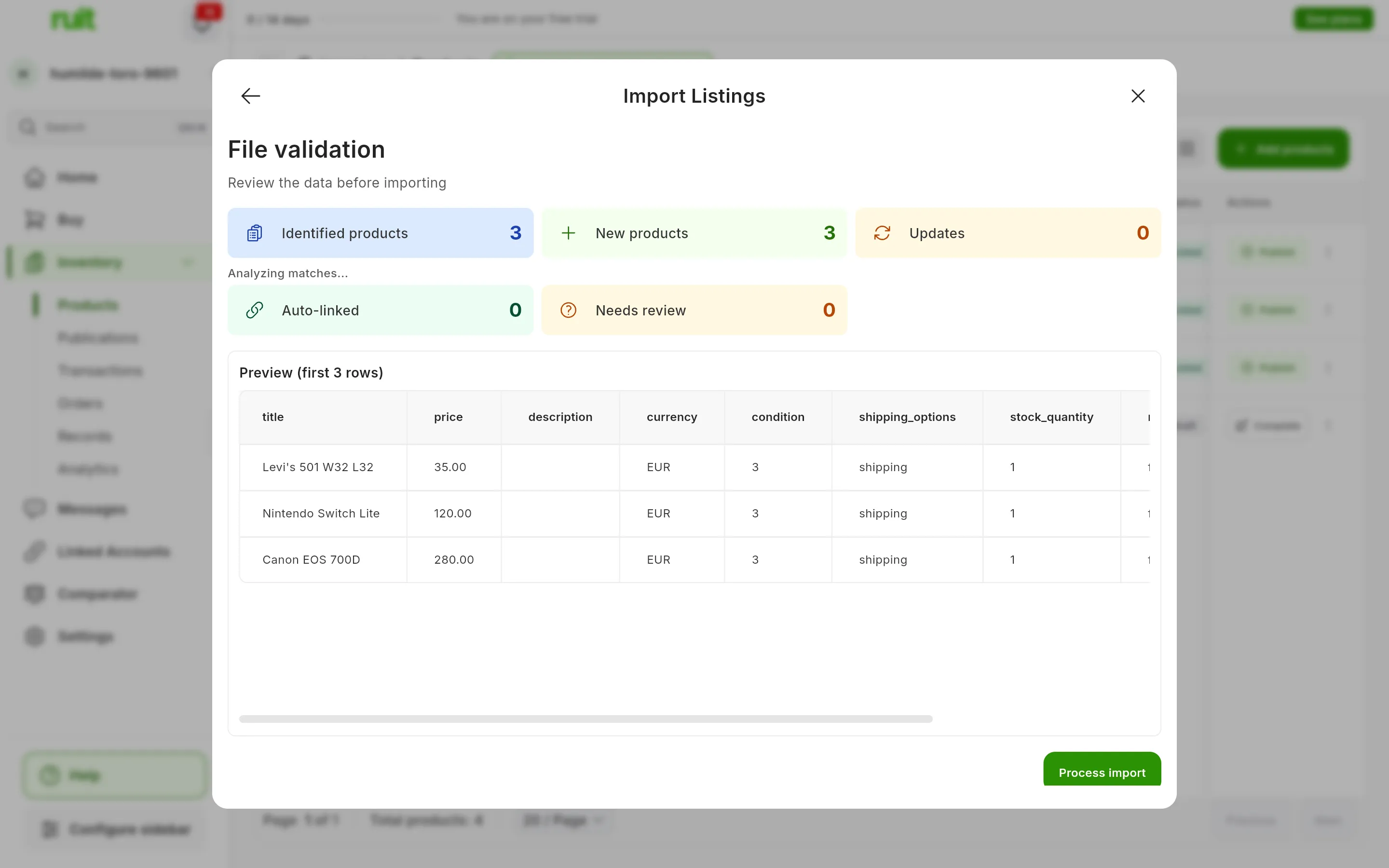 The File validation step: Identified products 3, New products 3, Updates 0, Auto-linked 0 and Needs review 0; below them, the preview of the first three rows and the Process import button