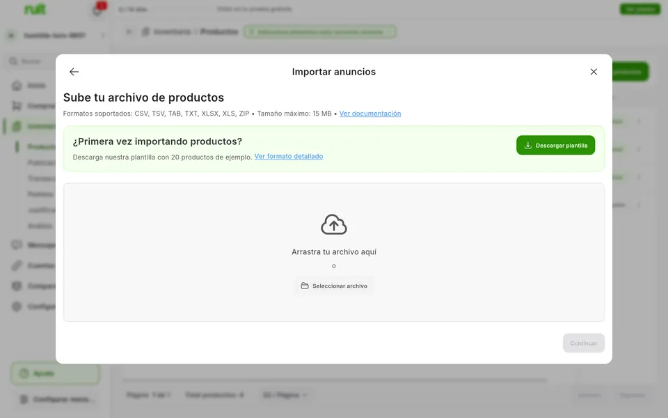 Pantalla de la app de Ruit: Importar desde archivo