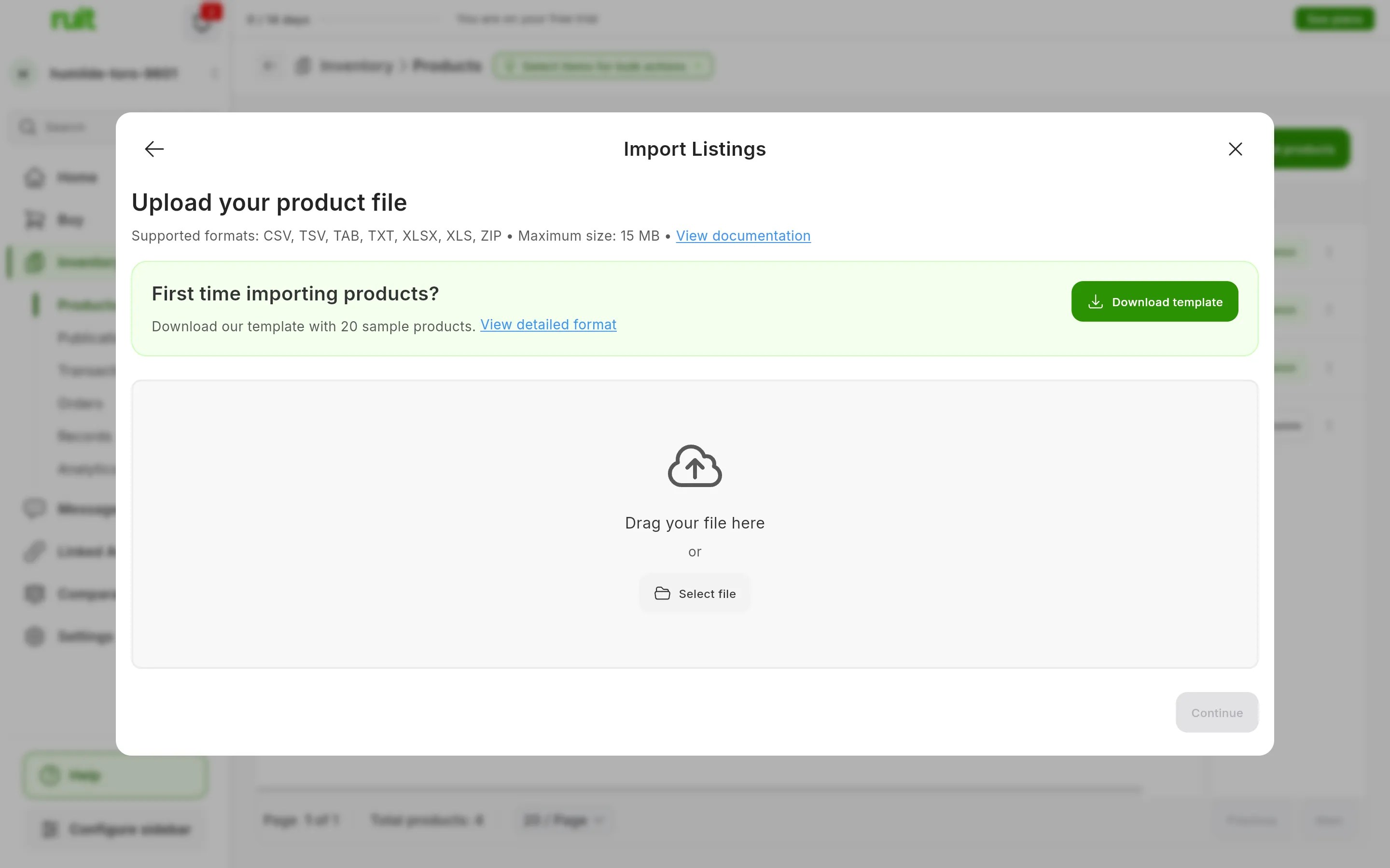The upload step of the file wizard: Upload your product file, the supported formats and the maximum size, the first-time notice with Download template, and the area for dragging the file in or selecting it