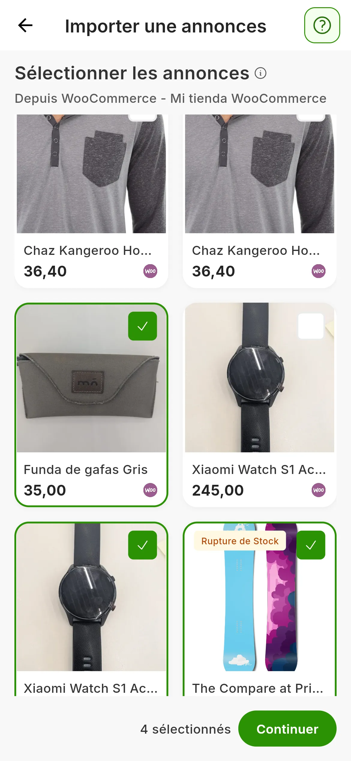 L'étape Sélectionner les annonces d'une boutique WooCommerce : des cartes avec la photo, le titre et le prix de chaque annonce, dont plusieurs cochées, et 4 sélectionnés à côté du bouton Continuer en bas