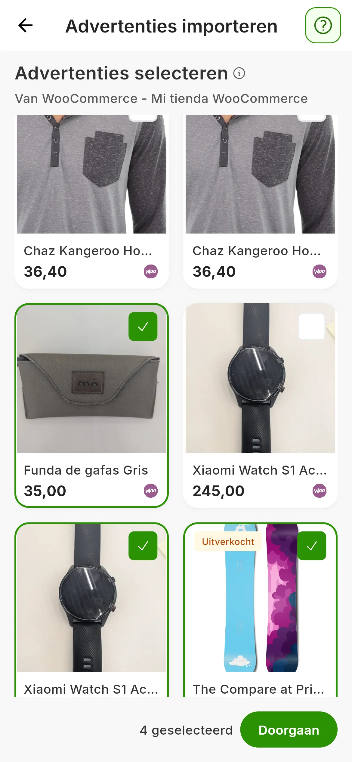 De stap Advertenties selecteren van een WooCommerce-winkel: kaarten met de foto, de titel en de prijs van elke advertentie, waarvan er meerdere zijn aangevinkt, en onderaan 4 geselecteerd naast de knop Doorgaan