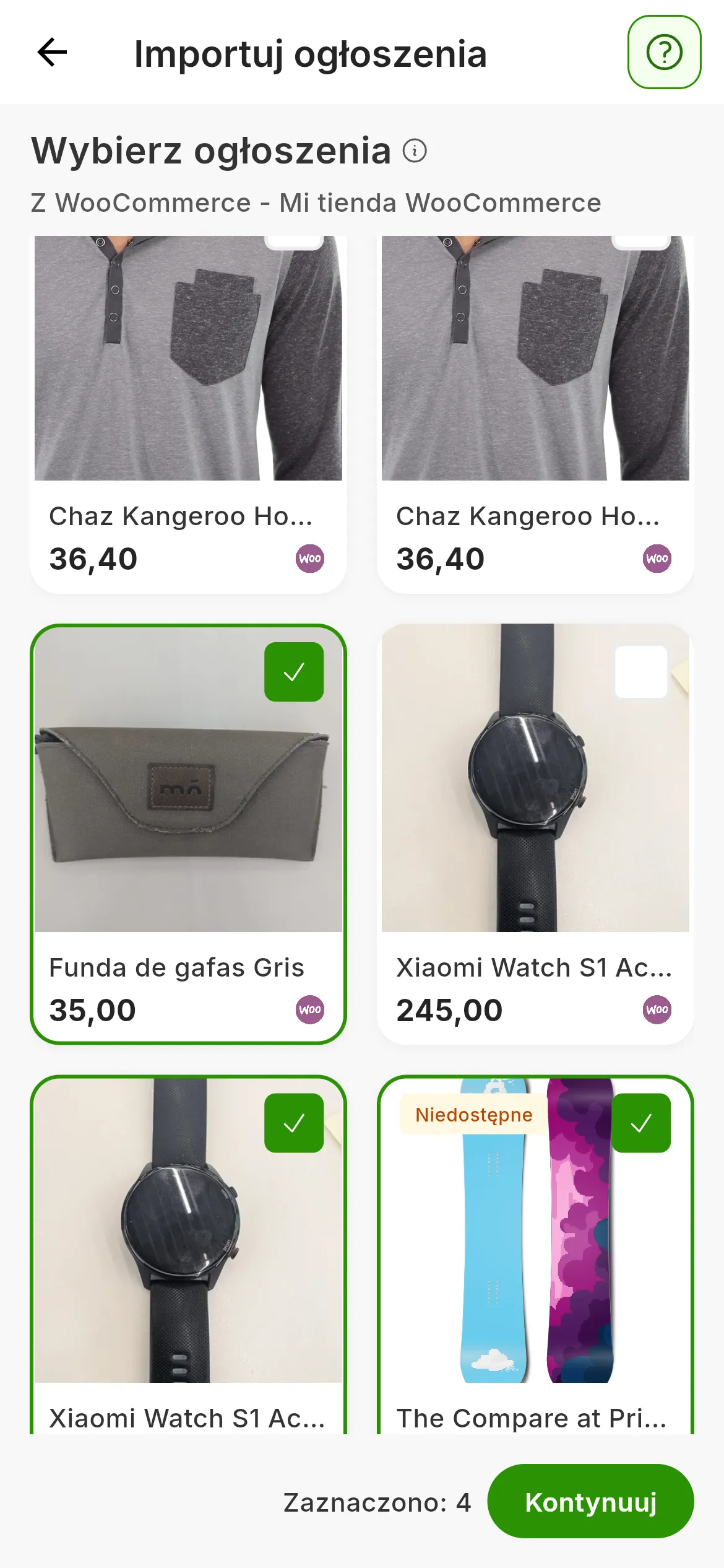 Krok Wybierz ogłoszenia ze sklepu WooCommerce: karty ze zdjęciem, tytułem i ceną każdego ogłoszenia, kilka z nich zaznaczonych, oraz Zaznaczono: 4 obok przycisku Kontynuuj na dole