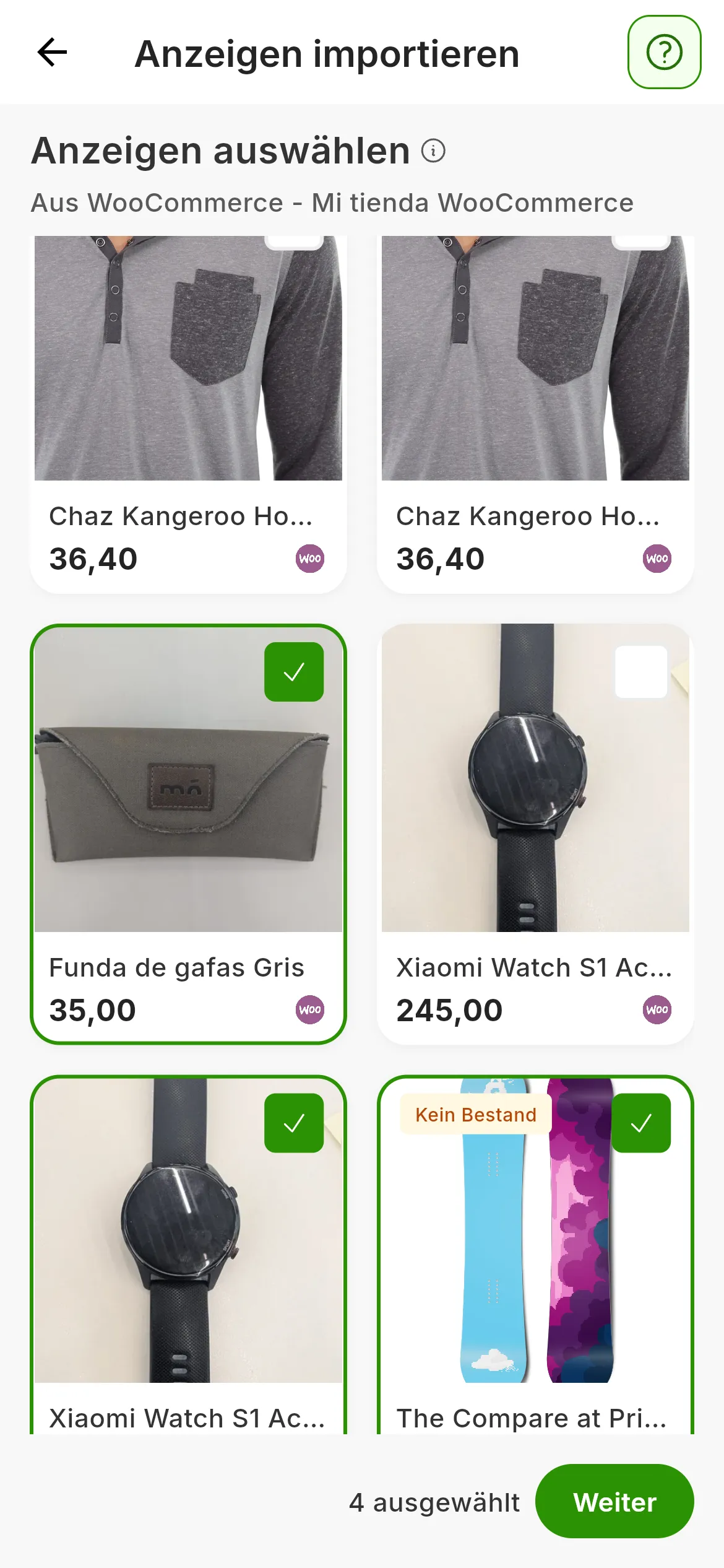 Der Schritt Anzeigen auswählen eines WooCommerce-Shops: Karten mit Foto, Titel und Preis jeder Anzeige, mehrere davon markiert, und unten 4 ausgewählt neben der Schaltfläche Weiter
