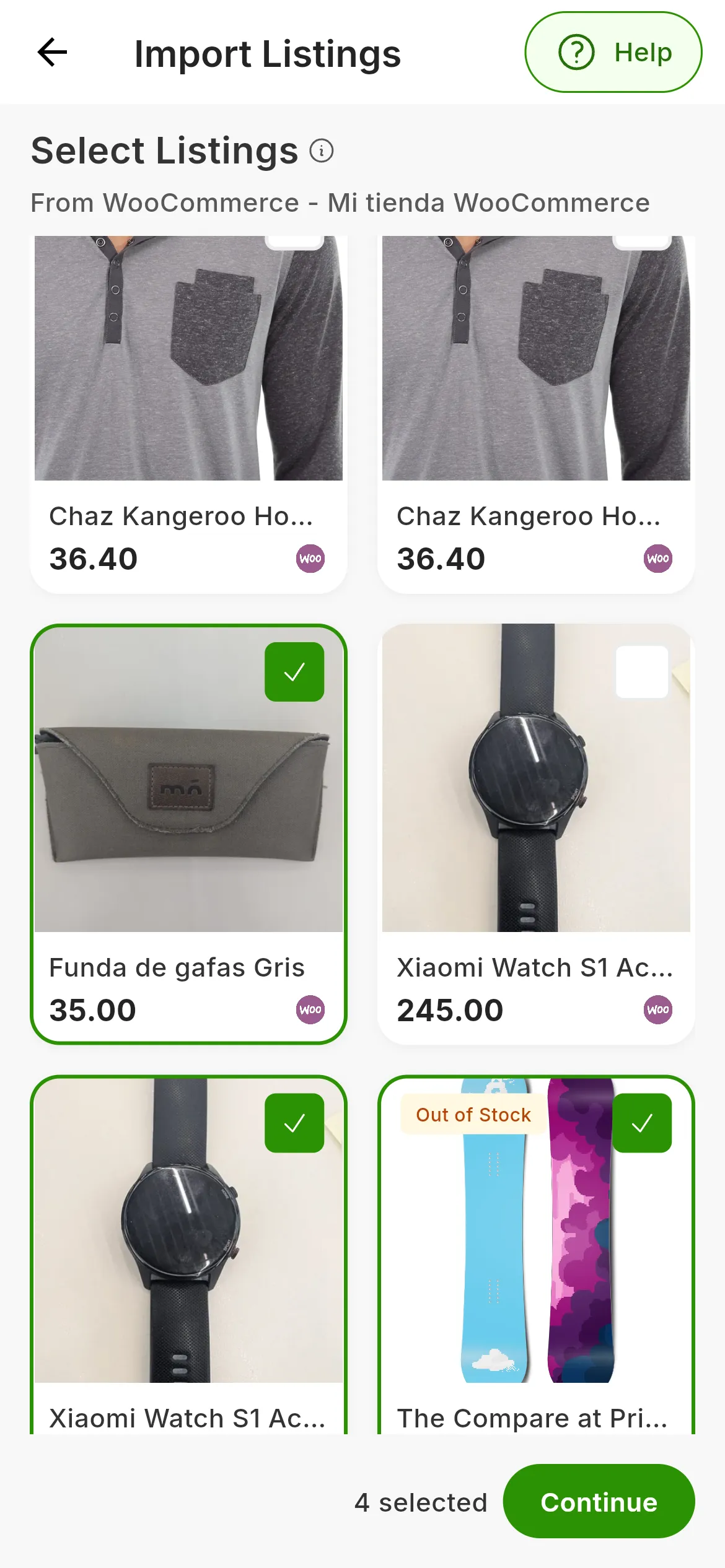 The Select Listings step for a WooCommerce store: cards with the photo, the title and the price of each listing, several of them ticked, and 4 selected next to the Continue button at the bottom