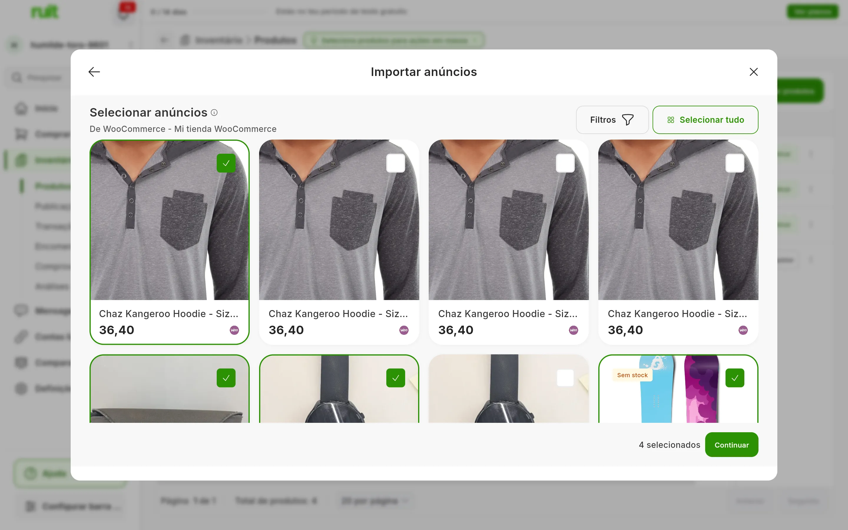 O passo Selecionar anúncios de uma loja WooCommerce: cartões com a foto, o título e o preço de cada anúncio, quatro deles marcados, os botões Filtros e Selecionar tudo em cima, e 4 selecionados ao lado do botão Continuar em baixo