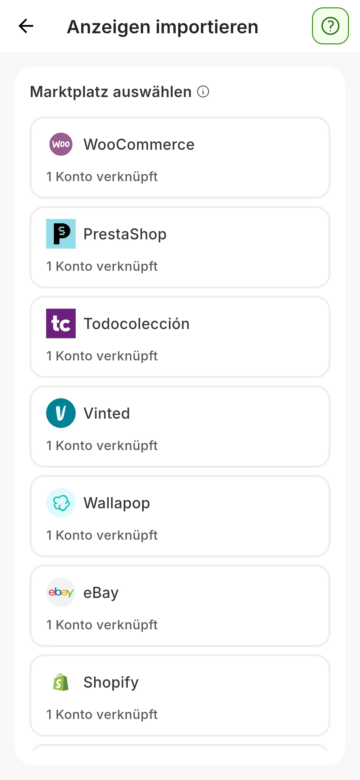 Anzeigen importieren mit der Überschrift Marktplatz auswählen: eine Karte pro Marktplatz, beginnend mit WooCommerce, PrestaShop, Todocolección, Vinted, Wallapop, eBay und Shopify, jede mit der Angabe, wie viele Konten du dort verbunden hast