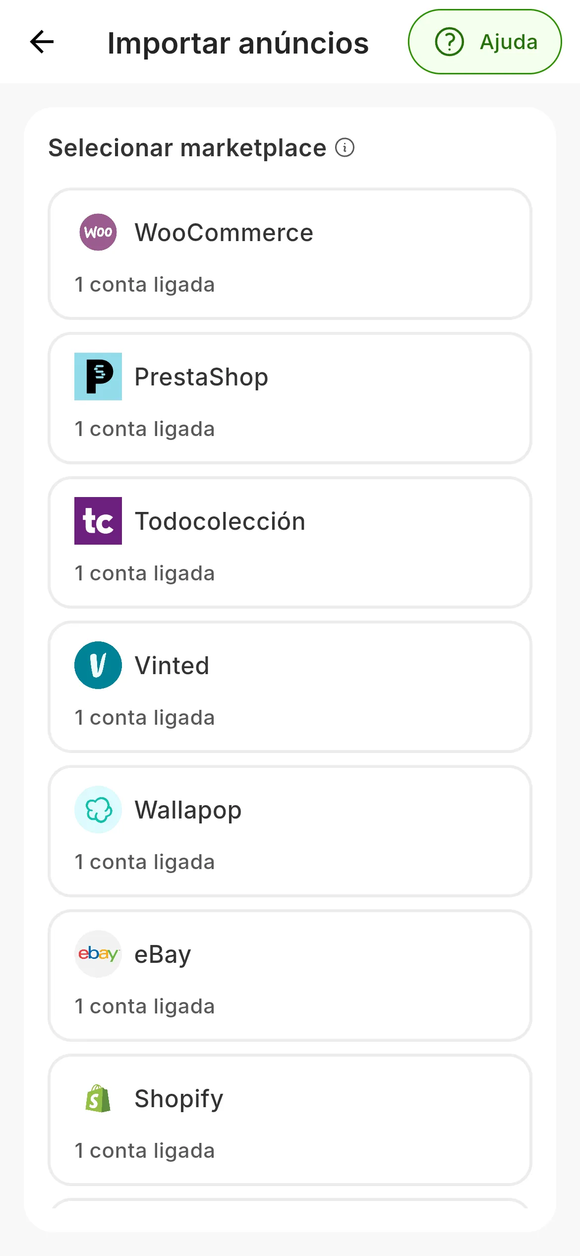 Importar anúncios, com Selecionar marketplace: um cartão por marketplace, a começar por WooCommerce, PrestaShop, Todocolección, Vinted, Wallapop, eBay e Shopify, cada um com quantas contas tens ligadas nele