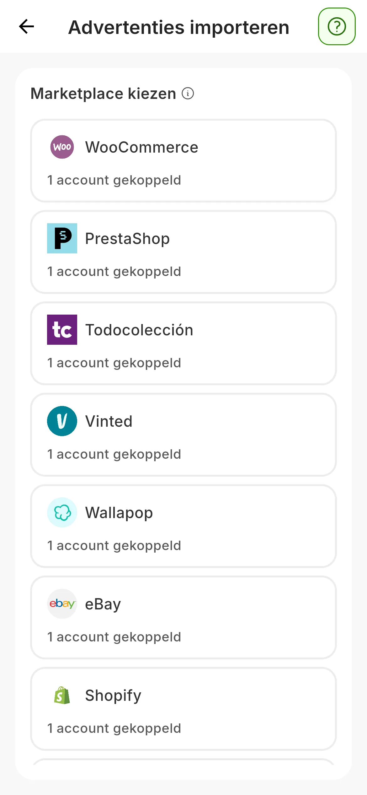 Advertenties importeren, met Marketplace kiezen: één kaart per marketplace, te beginnen met WooCommerce, PrestaShop, Todocolección, Vinted, Wallapop, eBay en Shopify, elk met het aantal accounts dat je daar hebt gekoppeld