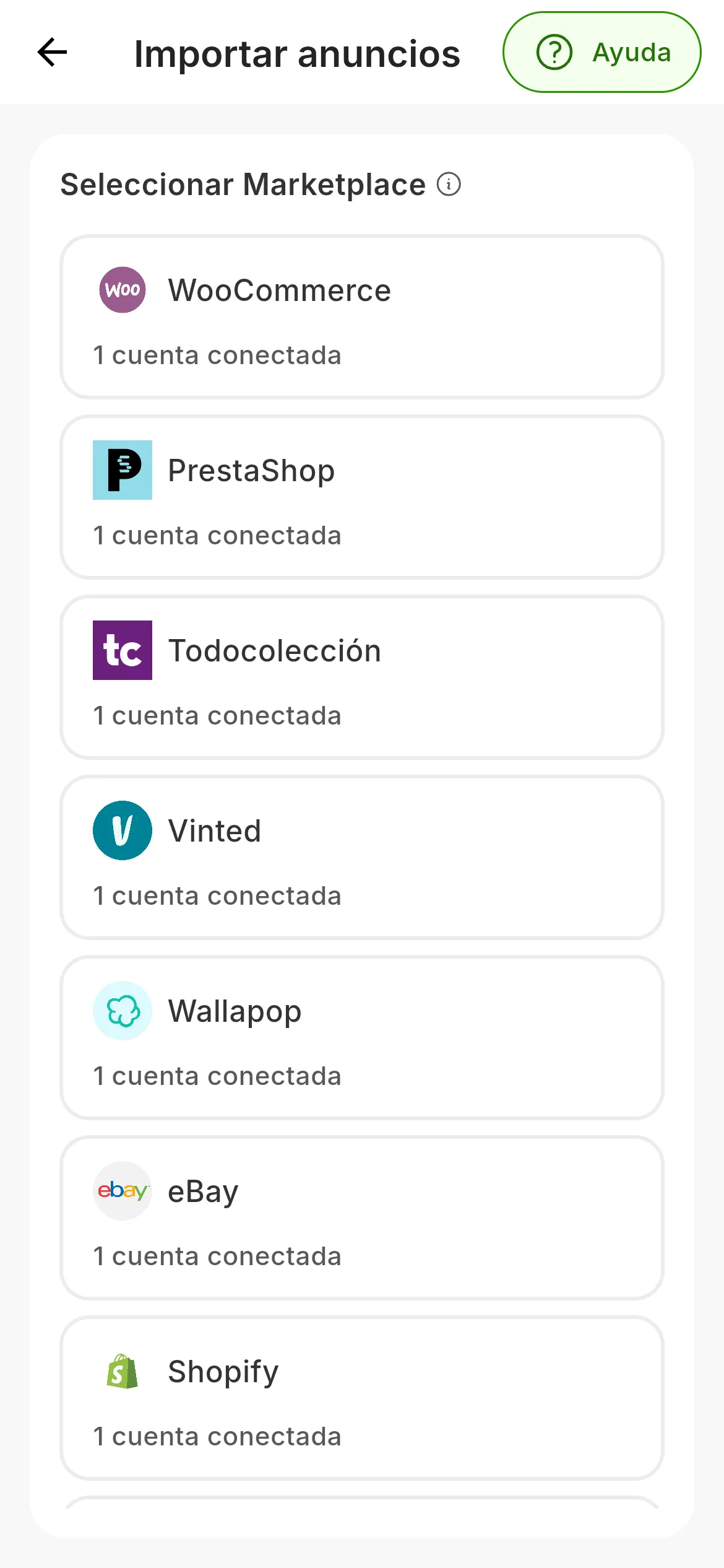 Importar anuncios, con Seleccionar Marketplace: una tarjeta por marketplace, empezando por WooCommerce, PrestaShop, Todocolección, Vinted, Wallapop, eBay y Shopify, cada una con cuántas cuentas tienes conectadas en él