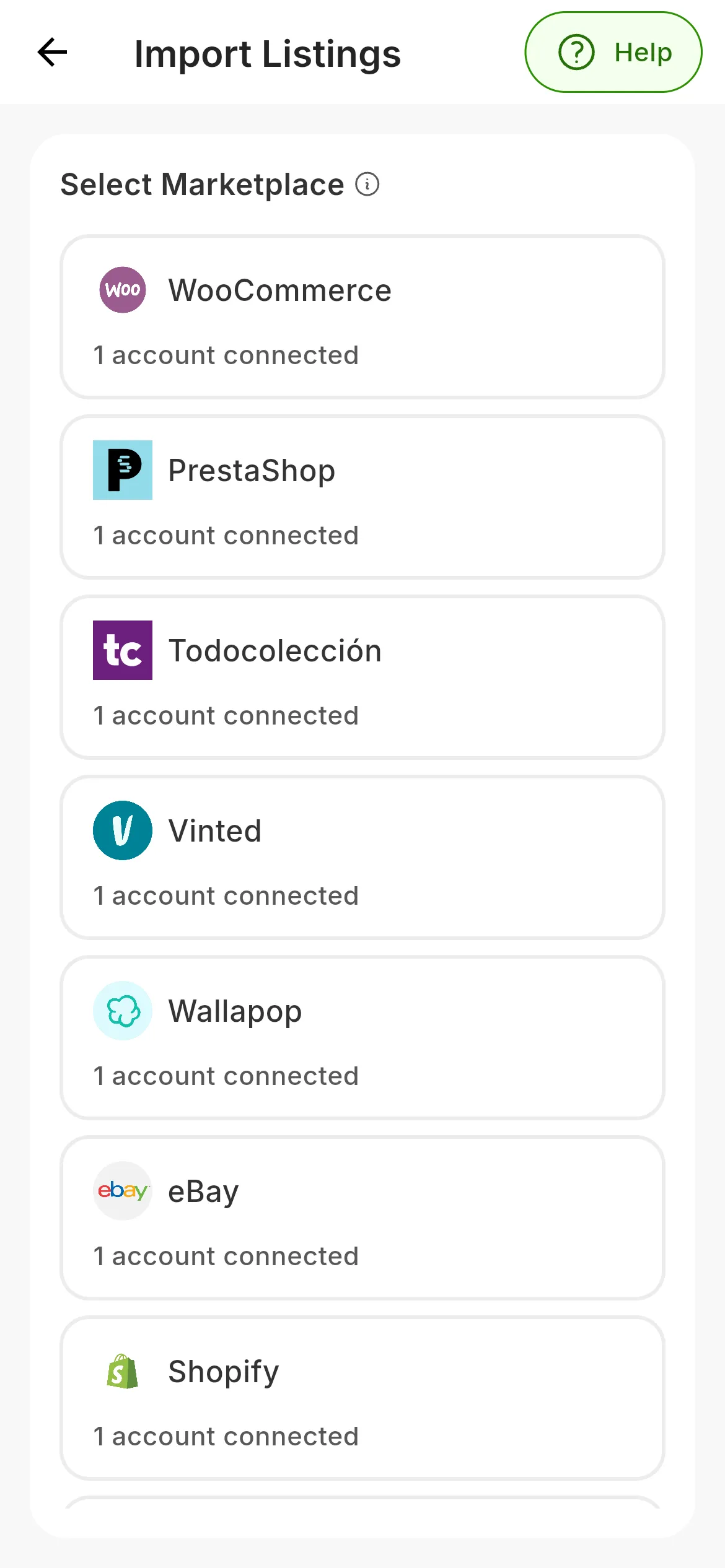 Import Listings, with Select Marketplace: one card per marketplace, starting with WooCommerce, PrestaShop, Todocolección, Vinted, Wallapop, eBay and Shopify, each with how many accounts you have connected on it