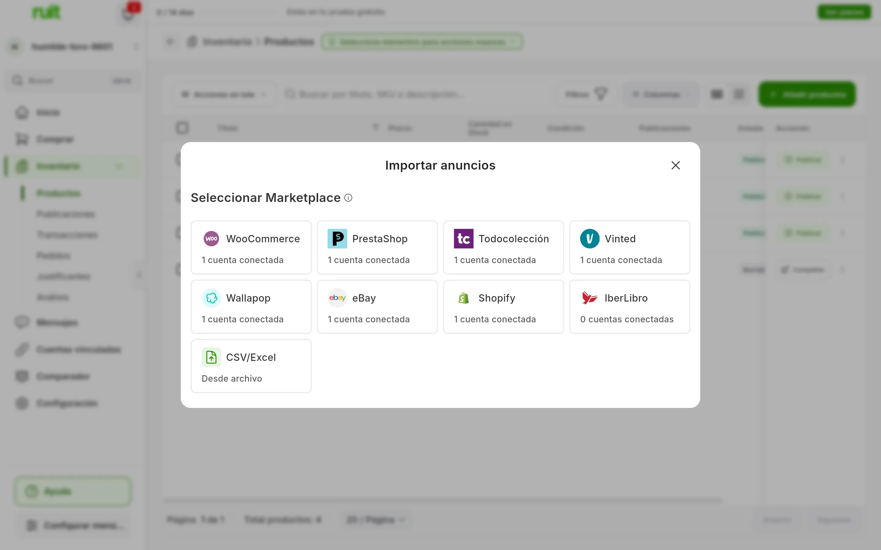 Importar anuncios, con Seleccionar Marketplace: una tarjeta por marketplace, empezando por WooCommerce, PrestaShop, Todocolección, Vinted, Wallapop, eBay y Shopify, cada una con cuántas cuentas tienes conectadas en él