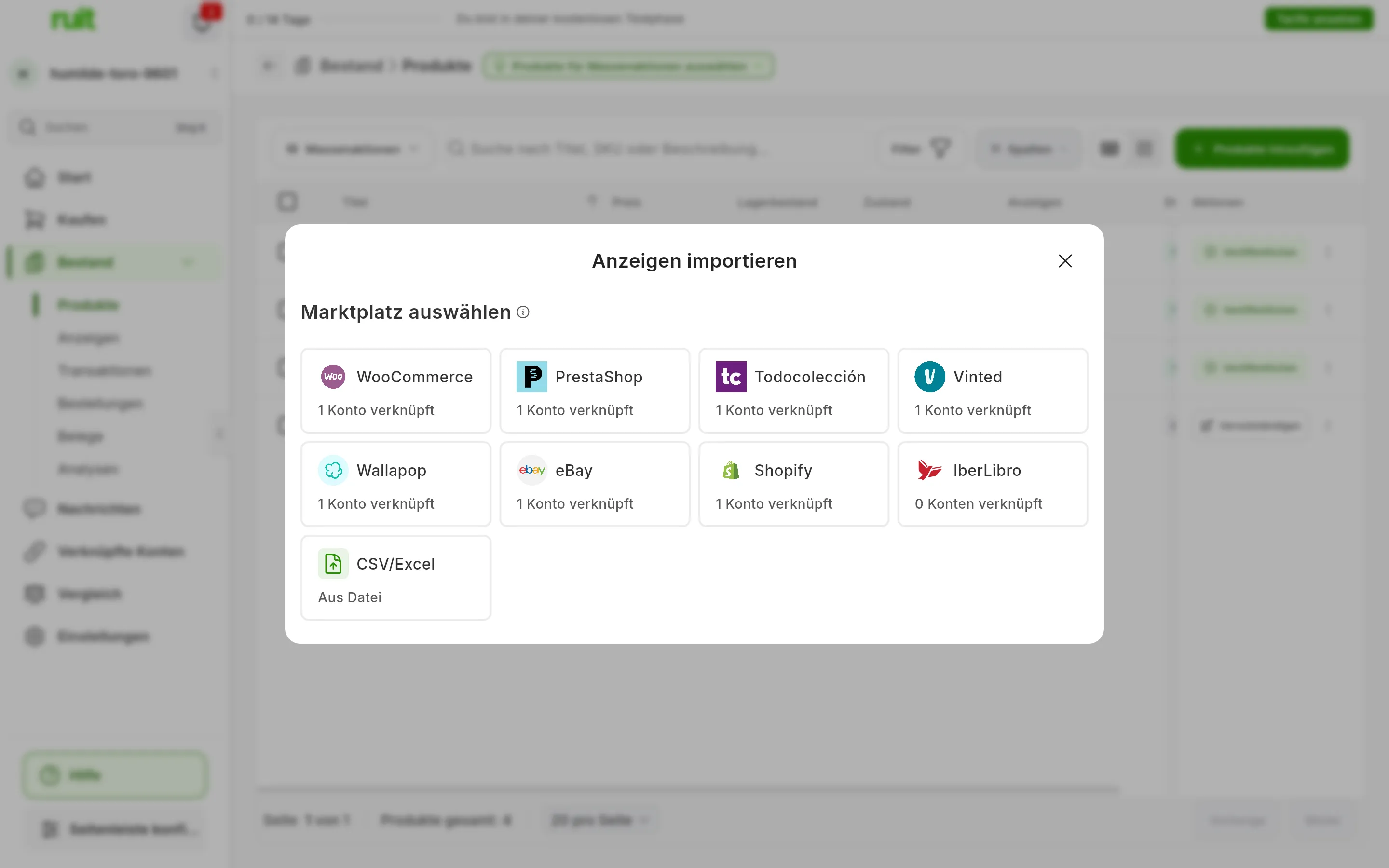 Das Fenster Anzeigen importieren mit dem Raster Marktplatz auswählen: WooCommerce, PrestaShop, Todocolección, Vinted, Wallapop, eBay, Shopify und IberLibro, jeweils mit ihren verbundenen Konten darunter, und eine letzte Karte CSV/Excel, Aus Datei