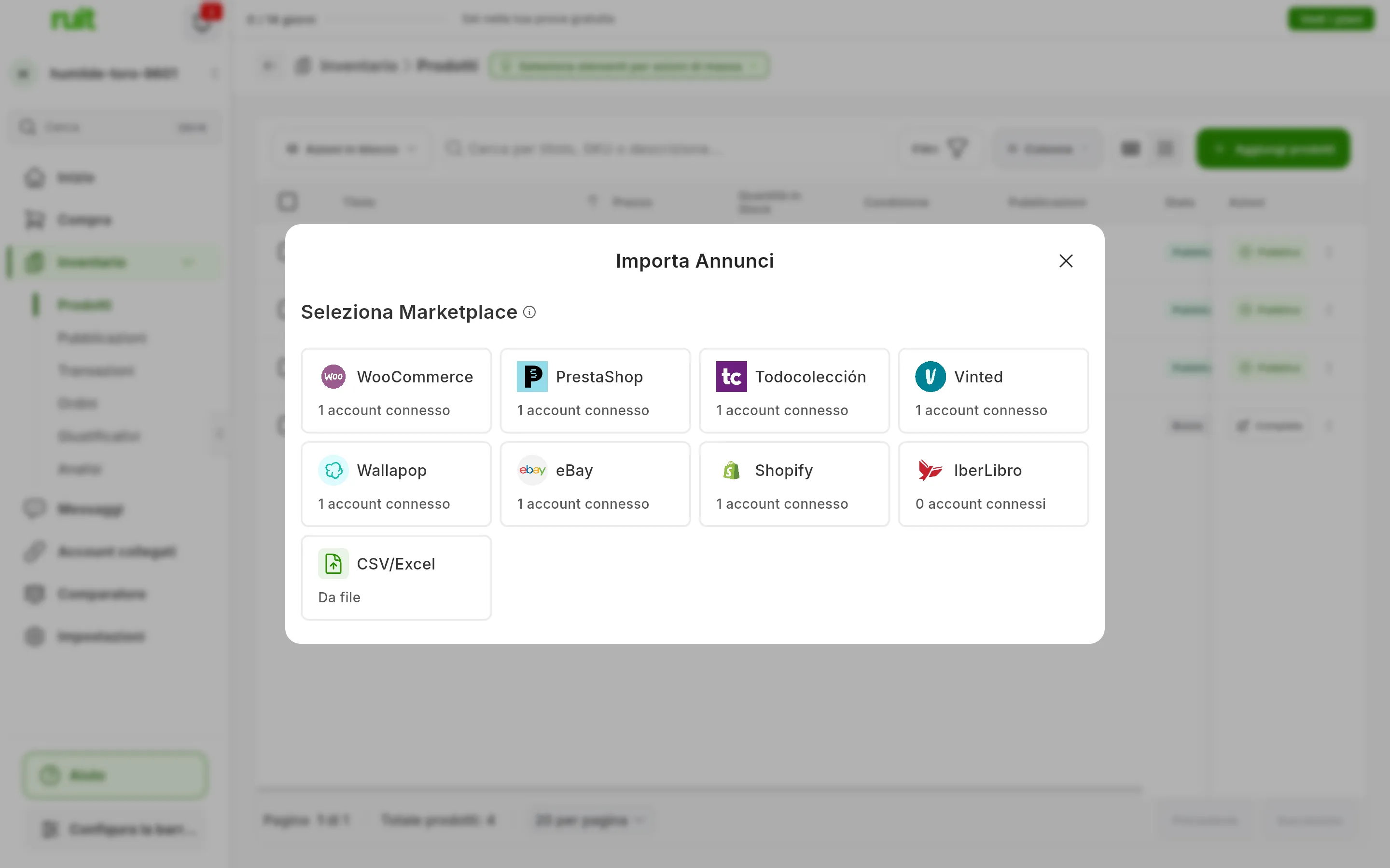 La finestra Importa Annunci con la griglia Seleziona Marketplace: WooCommerce, PrestaShop, Todocolección, Vinted, Wallapop, eBay, Shopify e IberLibro, ciascuno con i suoi account connessi sotto, e un'ultima scheda CSV/Excel, Da file