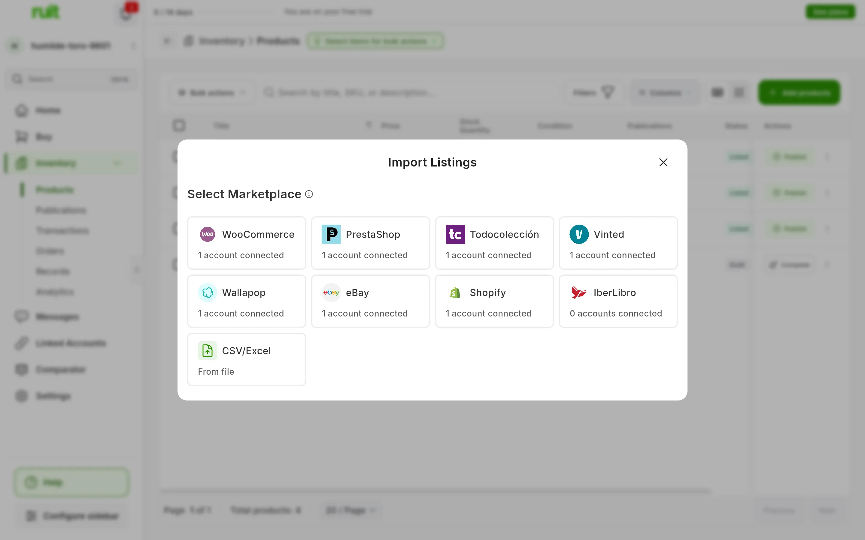 The Import Listings window with the Select Marketplace grid: WooCommerce, PrestaShop, Todocolección, Vinted, Wallapop, eBay, Shopify and IberLibro, each with its connected accounts below it, and a last card, CSV/Excel, From file