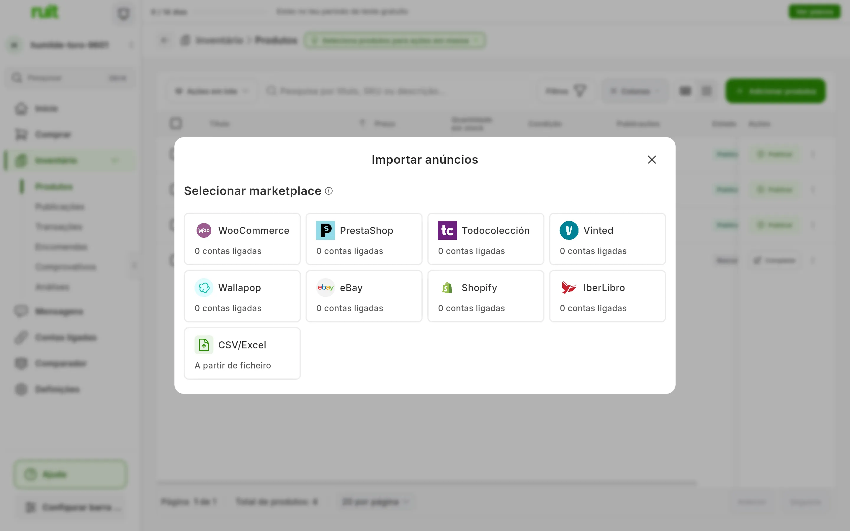 A janela Importar anúncios com a grelha Selecionar marketplace: WooCommerce, PrestaShop, Todocolección, Vinted, Wallapop, eBay, Shopify e IberLibro, cada um com as suas contas ligadas por baixo, e um último cartão CSV/Excel, A partir de ficheiro