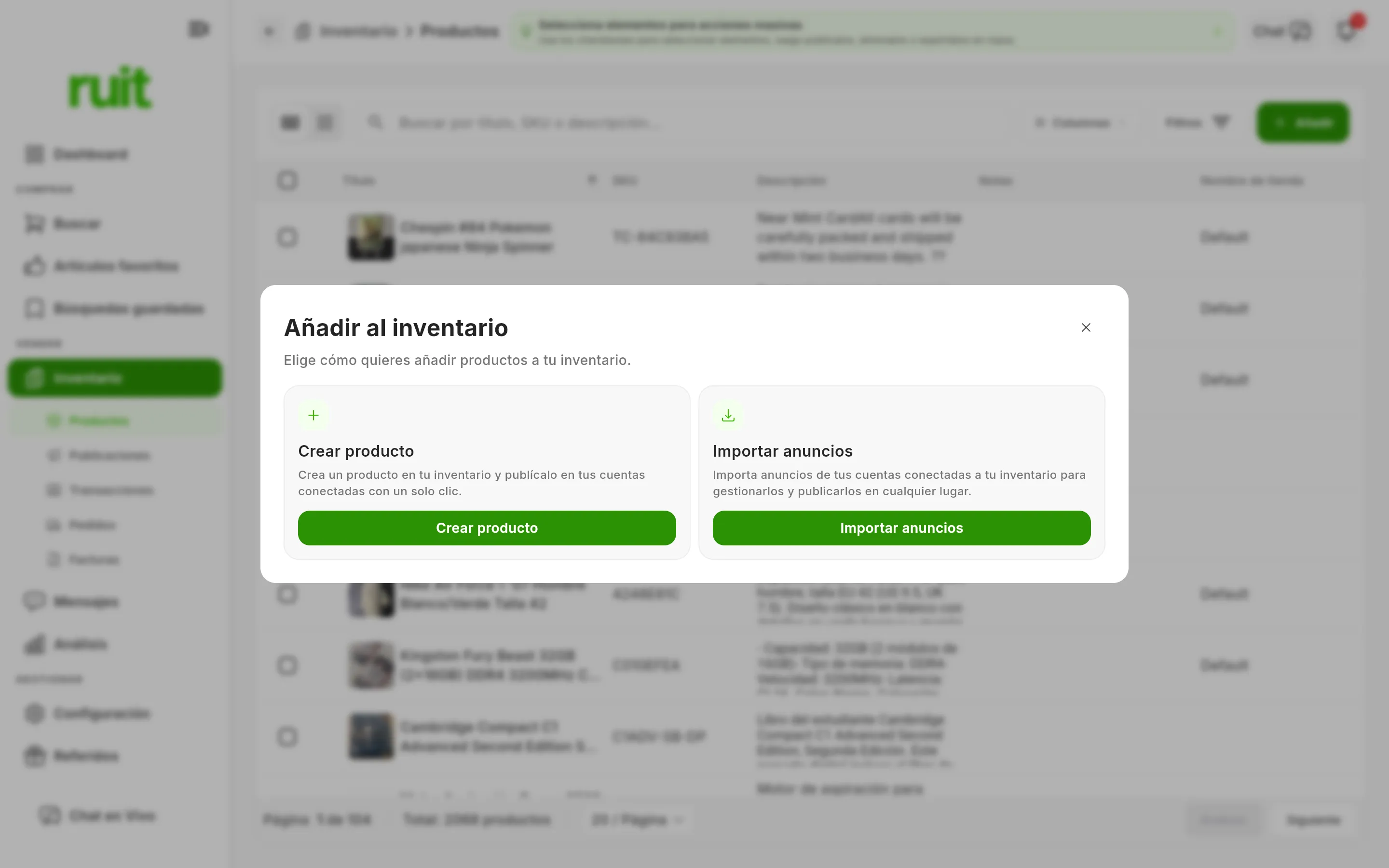 La rejilla de orígenes de la ventana Importar anuncios, con los siete marketplaces conectables y, en la última posición, la tarjeta CSV/Excel rotulada «Desde archivo».