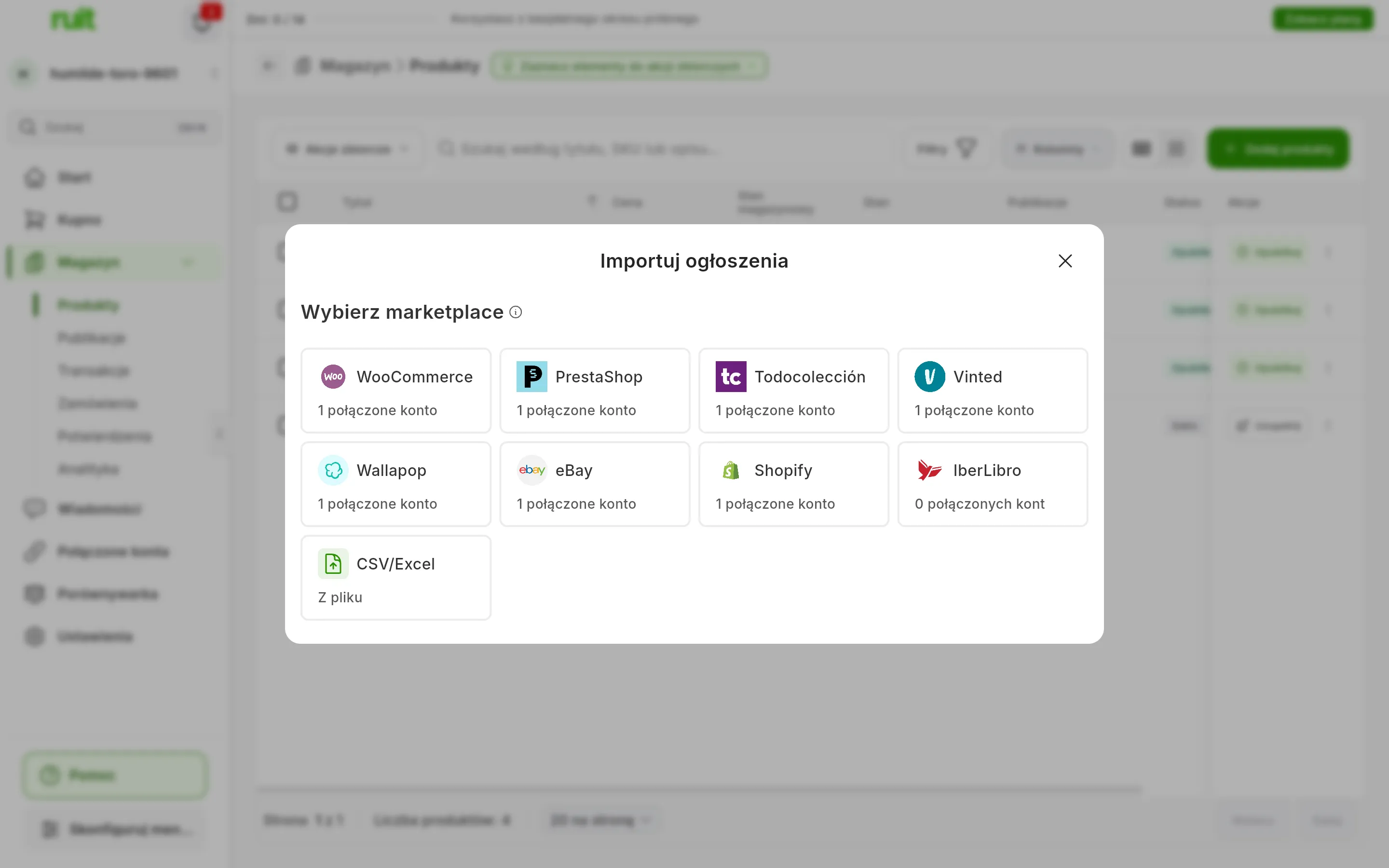 Okno Importuj ogłoszenia z siatką Wybierz marketplace: WooCommerce, PrestaShop, Todocolección, Vinted, Wallapop, eBay, Shopify i IberLibro, każdy z liczbą połączonych kont pod spodem, oraz ostatnia karta CSV/Excel, Z pliku