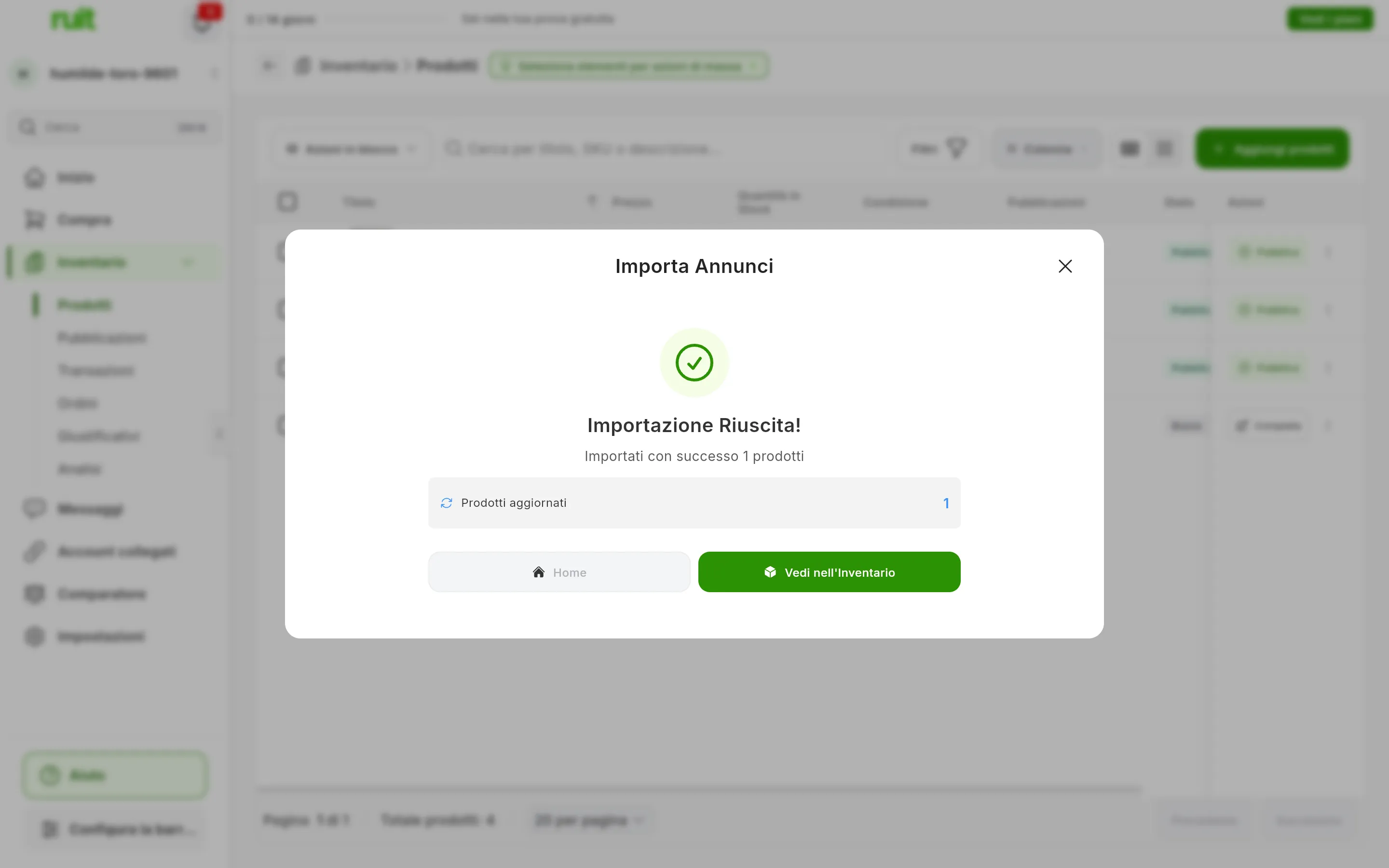 La finestra di importazione alla fine: Importazione Riuscita!, Importati con successo 1 prodotti, la scheda Prodotti aggiornati con un 1, e i pulsanti Home e Vedi nell'Inventario
