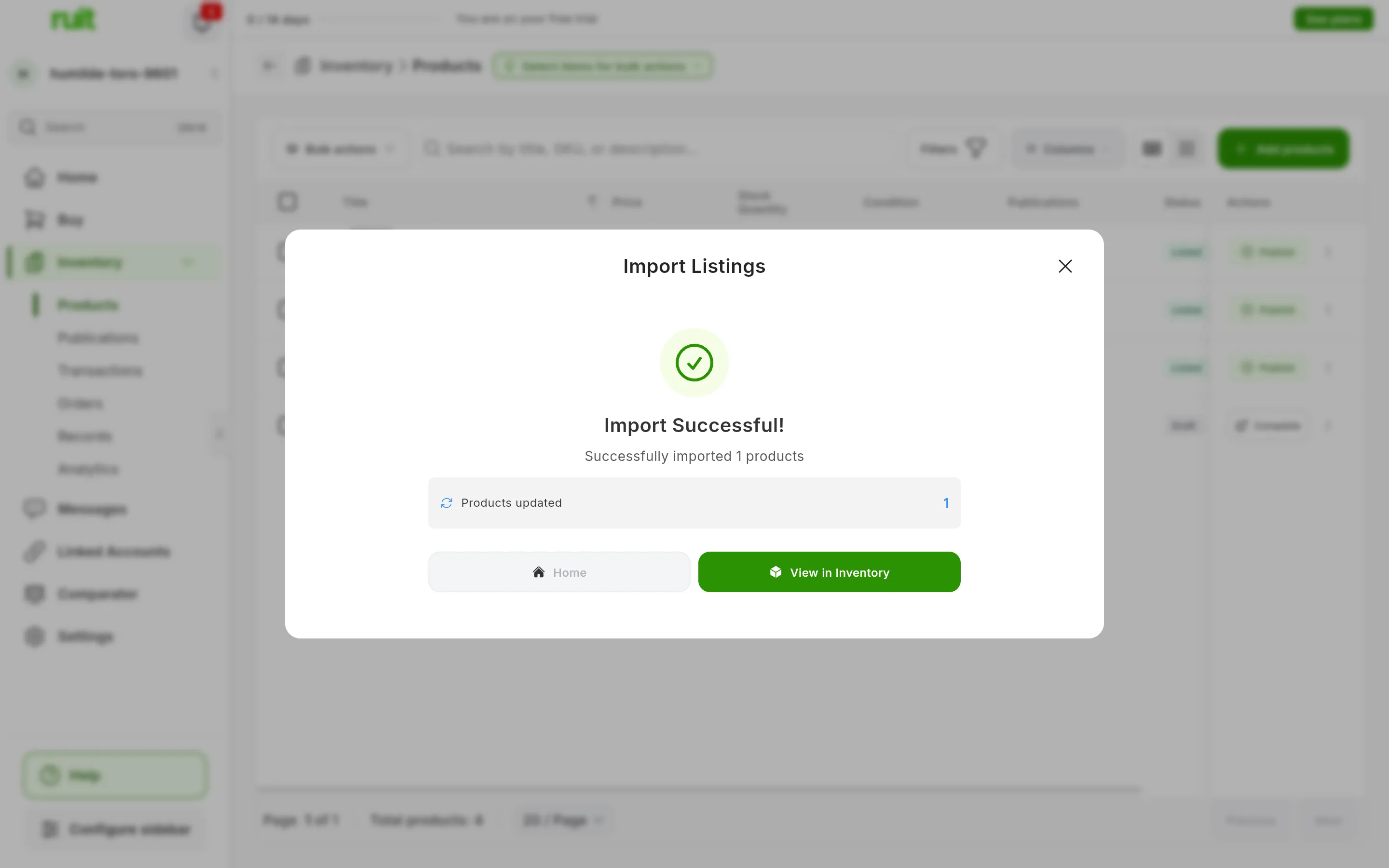 The import window at the end: Import Successful!, Successfully imported 1 products, the Products updated card with a 1, and the Home and View in Inventory buttons