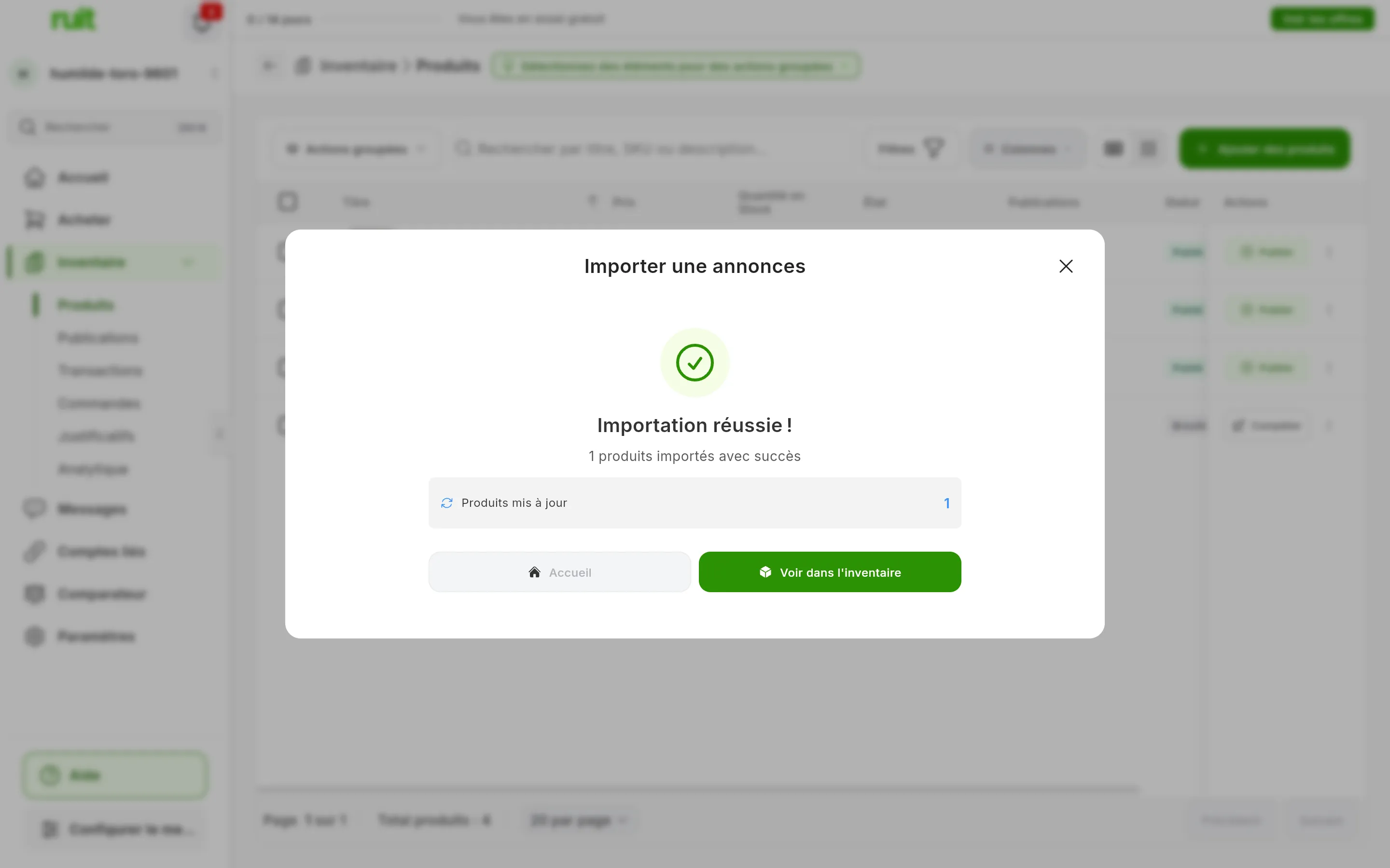 La fenêtre d'importation une fois terminée : le titre Importation réussie ! puis 1 produits importés avec succès, la carte Produits mis à jour avec un 1 et les boutons Accueil et Voir dans l'inventaire