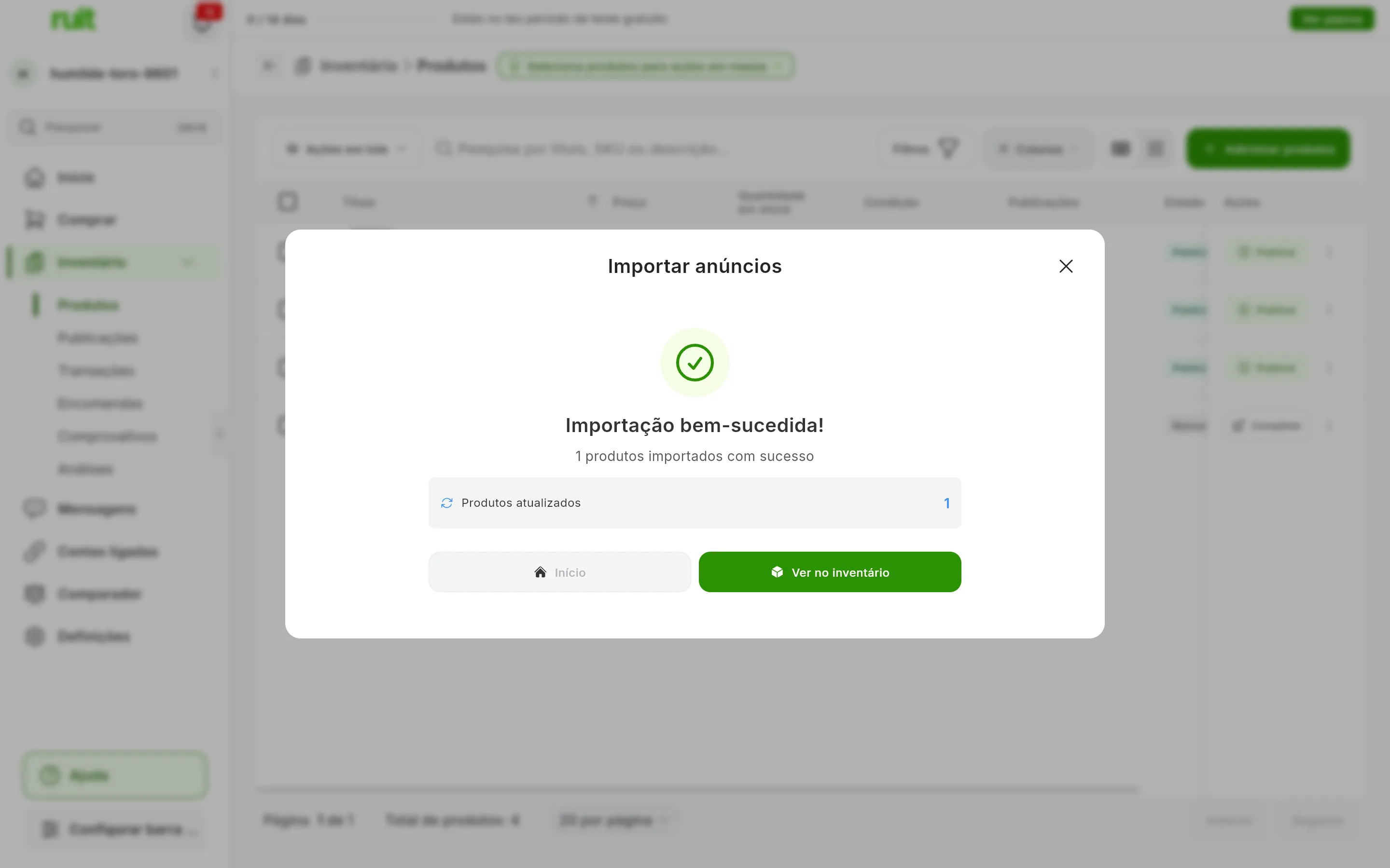 A janela de importação no fim: Importação bem-sucedida!, 1 produtos importados com sucesso, o cartão Produtos atualizados com um 1, e os botões Início e Ver no inventário