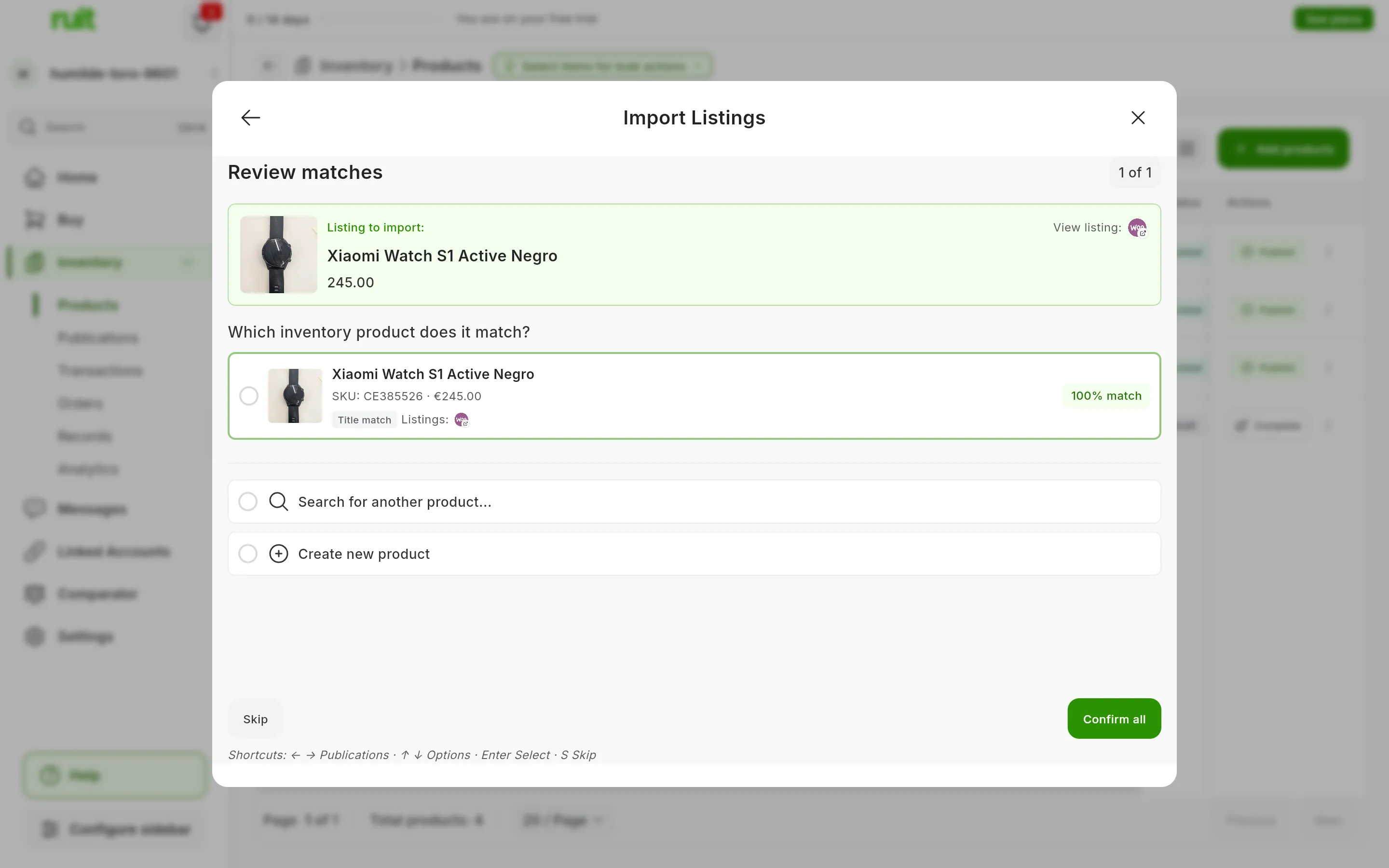 The Review matches screen: at the top, the listing to import, a watch from WooCommerce at 245.00; below it, an inventory product with the same title, its SKU, its price, the Title match label and 100% match, and the Search for another product and Create new product options; at the bottom, Skip, Confirm all and the line of keyboard shortcuts