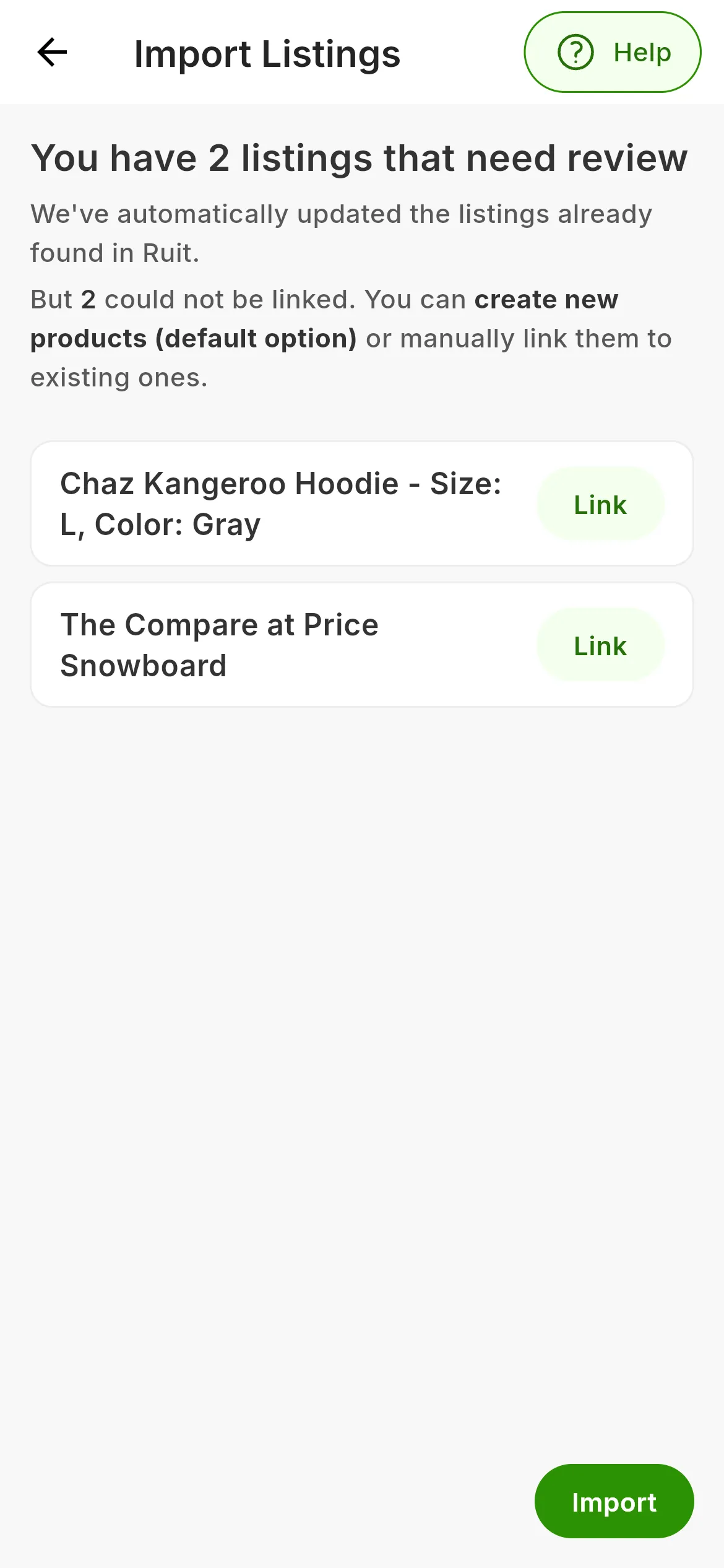 The summary of the four ticked listings before importing them: what RUIT is going to do with them and the Import button