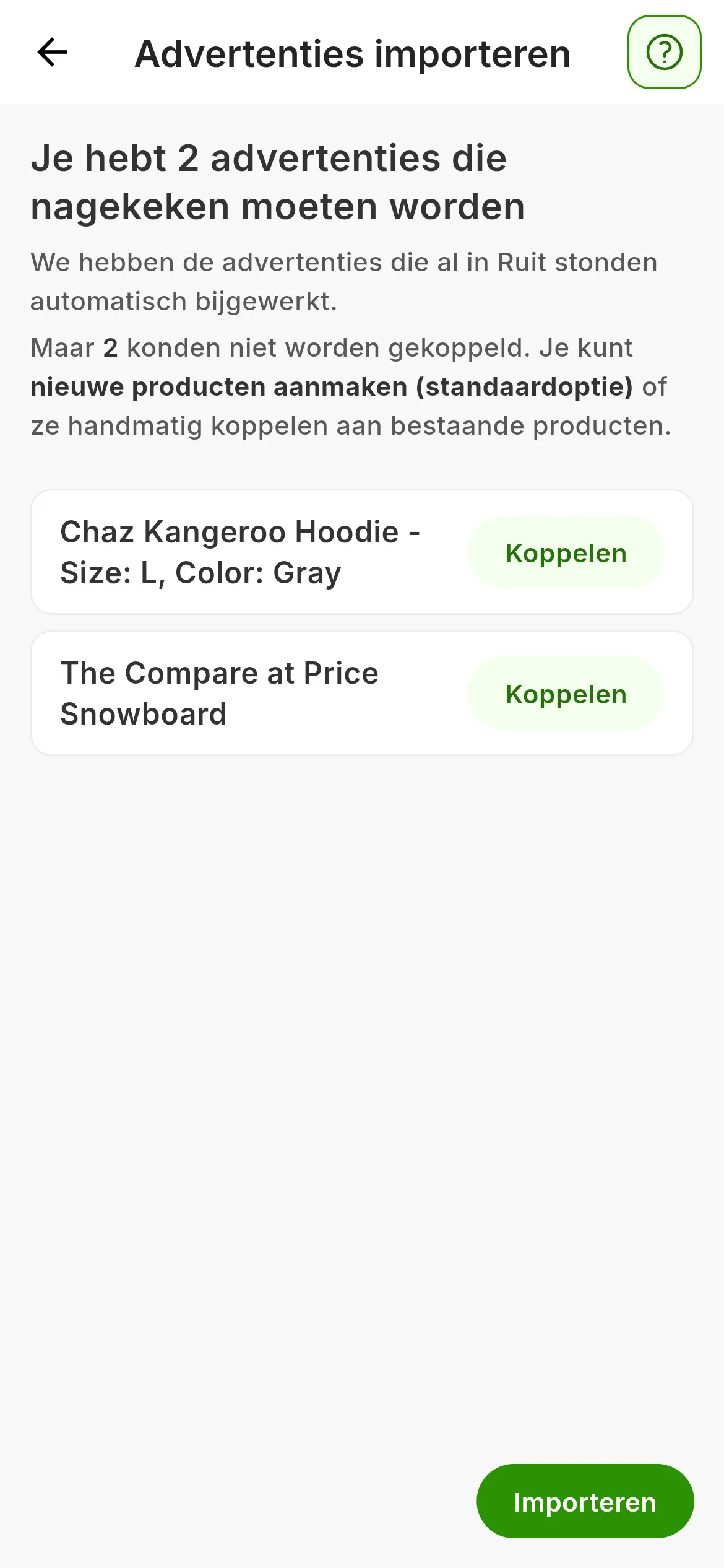Het overzicht van de vier aangevinkte advertenties voordat ze worden geïmporteerd: wat RUIT ermee gaat doen en de knop Importeren