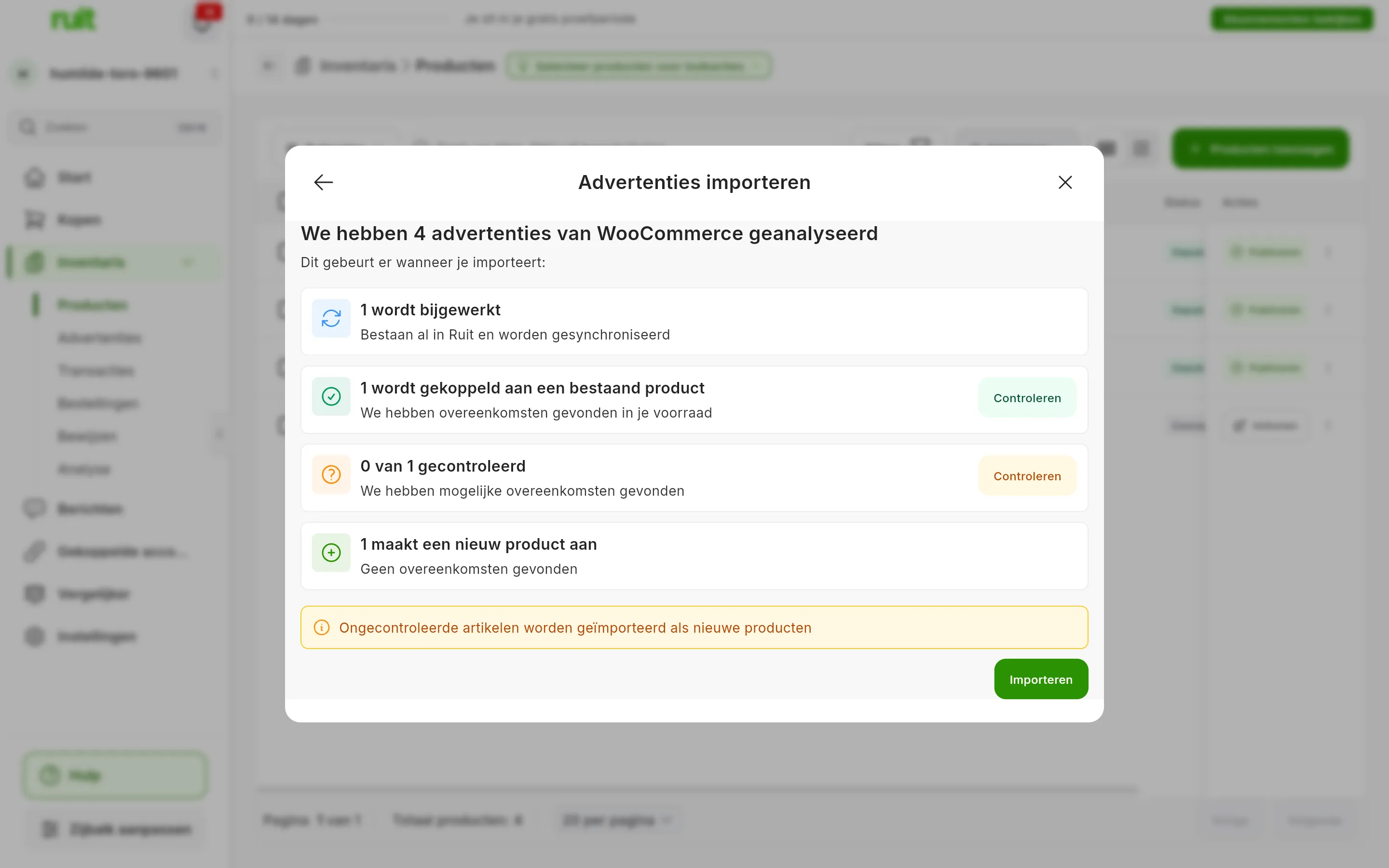 Het overzicht We hebben 4 advertenties van WooCommerce geanalyseerd met vier kaarten: 1 wordt bijgewerkt, 1 wordt gekoppeld aan een bestaand product, 0 van 1 gecontroleerd met de knop Controleren, en 1 maakt een nieuw product aan; daaronder de melding dat ongecontroleerde artikelen als nieuwe producten worden geïmporteerd en de knop Importeren