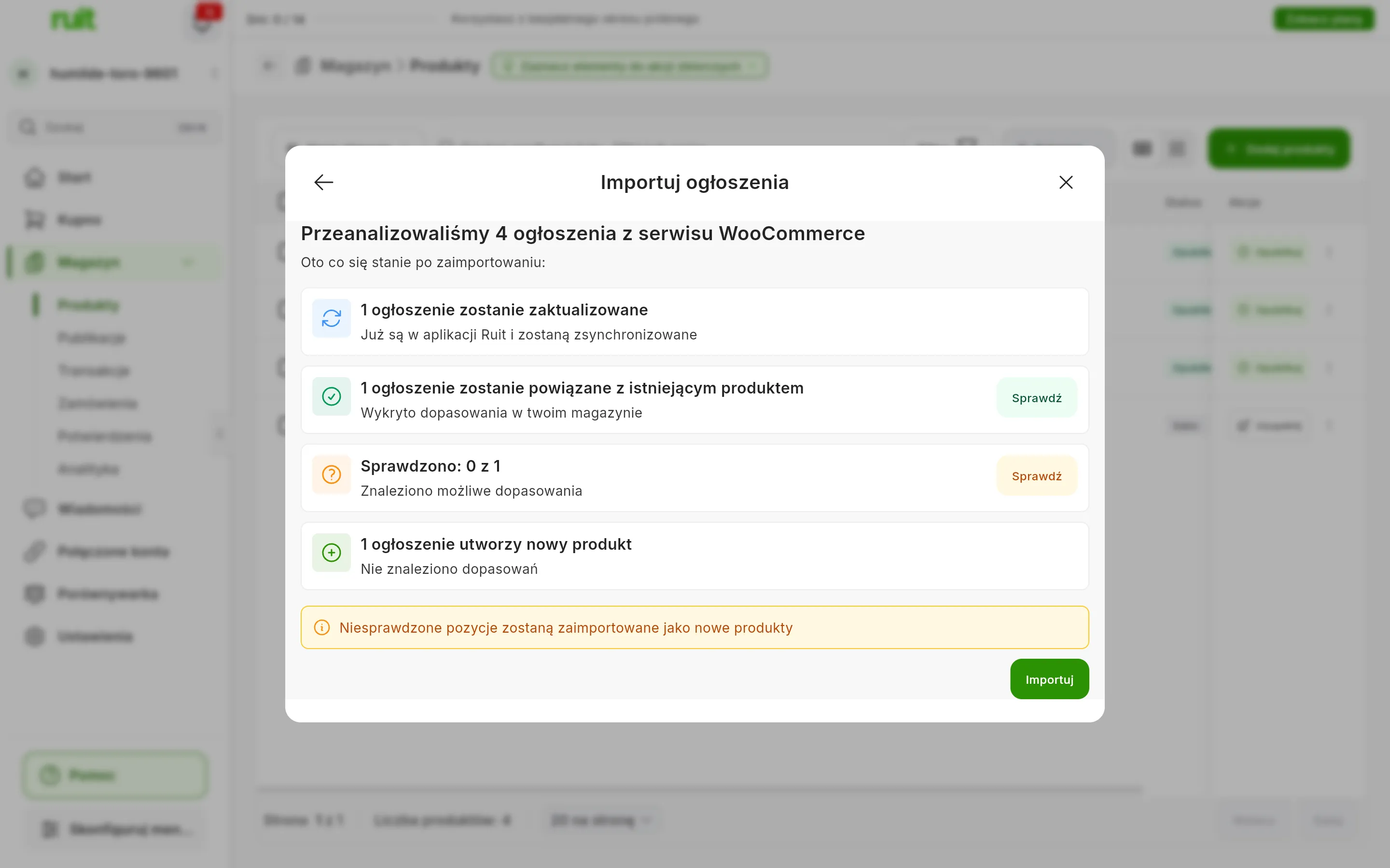 Podsumowanie Przeanalizowaliśmy 4 ogłoszenia z serwisu WooCommerce z czterema kartami: 1 ogłoszenie zostanie zaktualizowane, 1 ogłoszenie zostanie powiązane z istniejącym produktem, Sprawdzono: 0 z 1 z przyciskiem Sprawdź oraz 1 ogłoszenie utworzy nowy produkt; poniżej ostrzeżenie, że niesprawdzone pozycje zostaną zaimportowane jako nowe produkty, i przycisk Importuj