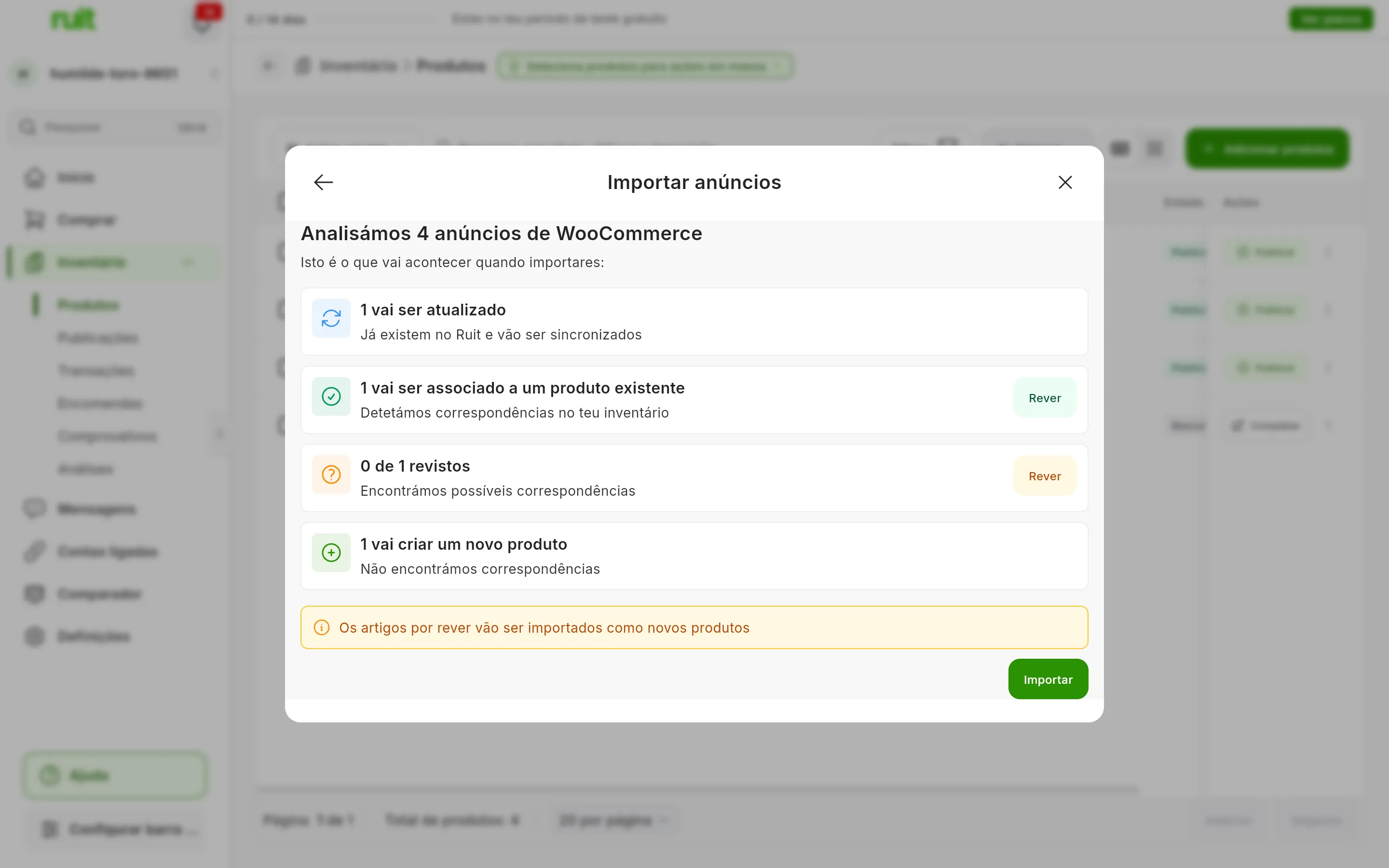 O resumo Analisámos 4 anúncios de WooCommerce com quatro cartões: 1 vai ser atualizado, 1 vai ser associado a um produto existente, 0 de 1 revistos com o botão Rever, e 1 vai criar um novo produto; por baixo, o aviso de que os artigos por rever vão ser importados como novos produtos e o botão Importar
