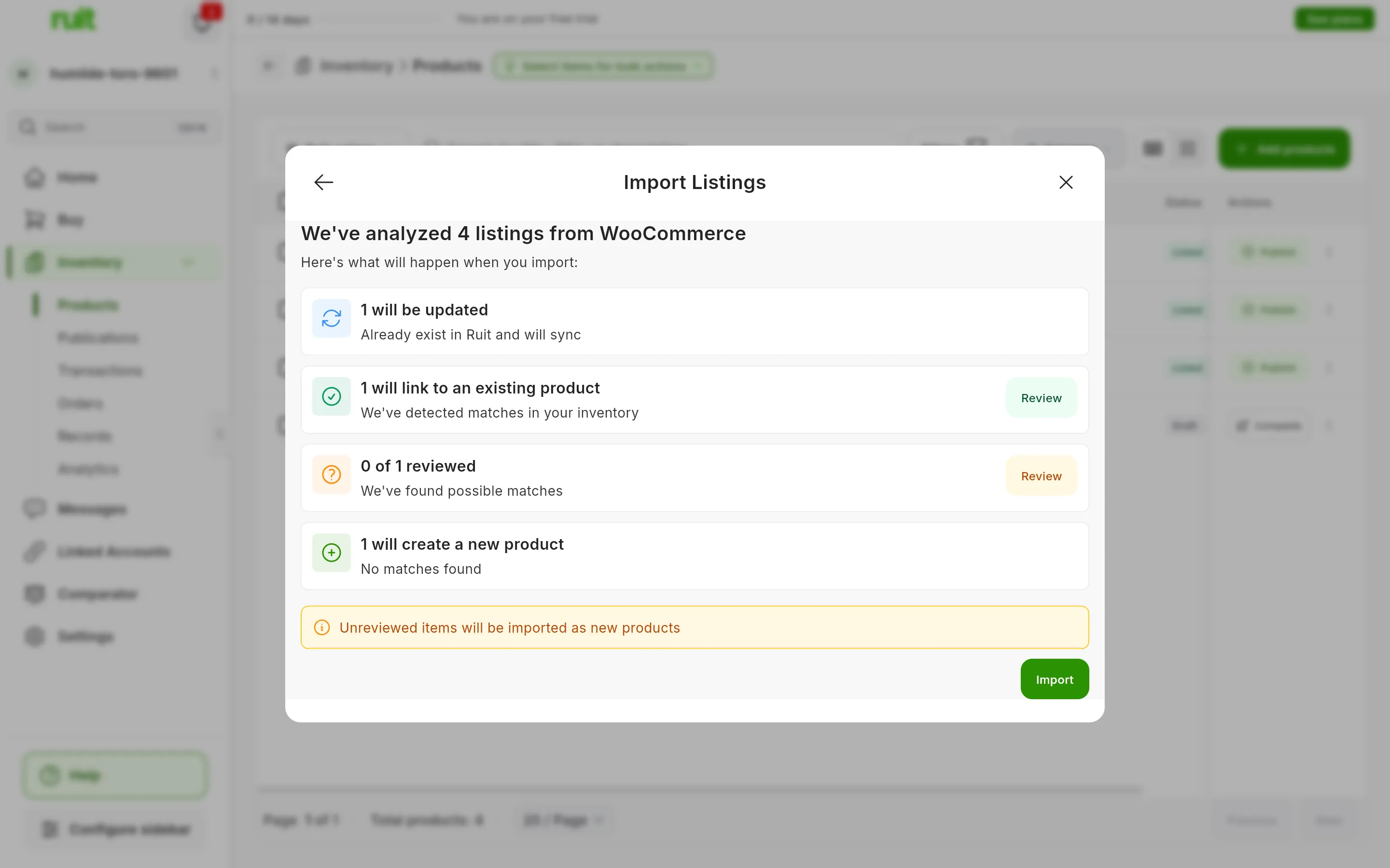 The summary We've analyzed 4 listings from WooCommerce with four cards: 1 will be updated, 1 will link to an existing product, 0 of 1 reviewed with its Review button, and 1 will create a new product; below them, the note that unreviewed items will be imported as new products, and the Import button