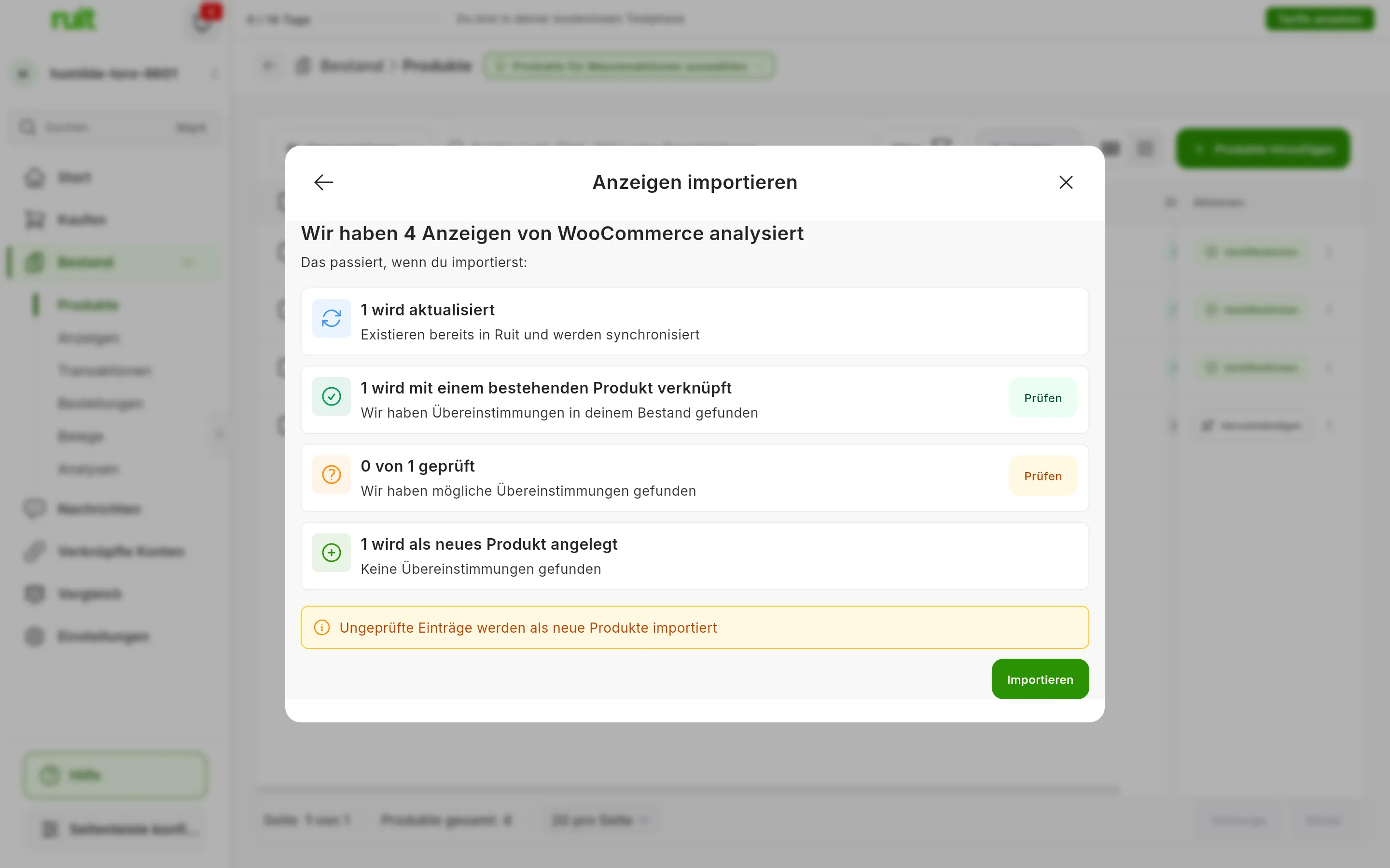 Die Übersicht Wir haben 4 Anzeigen von WooCommerce analysiert mit vier Karten: 1 wird aktualisiert, 1 wird mit einem bestehenden Produkt verknüpft, 0 von 1 geprüft mit ihrer Schaltfläche Prüfen und 1 wird als neues Produkt angelegt; darunter der Hinweis, dass ungeprüfte Einträge als neue Produkte importiert werden, und die Schaltfläche Importieren