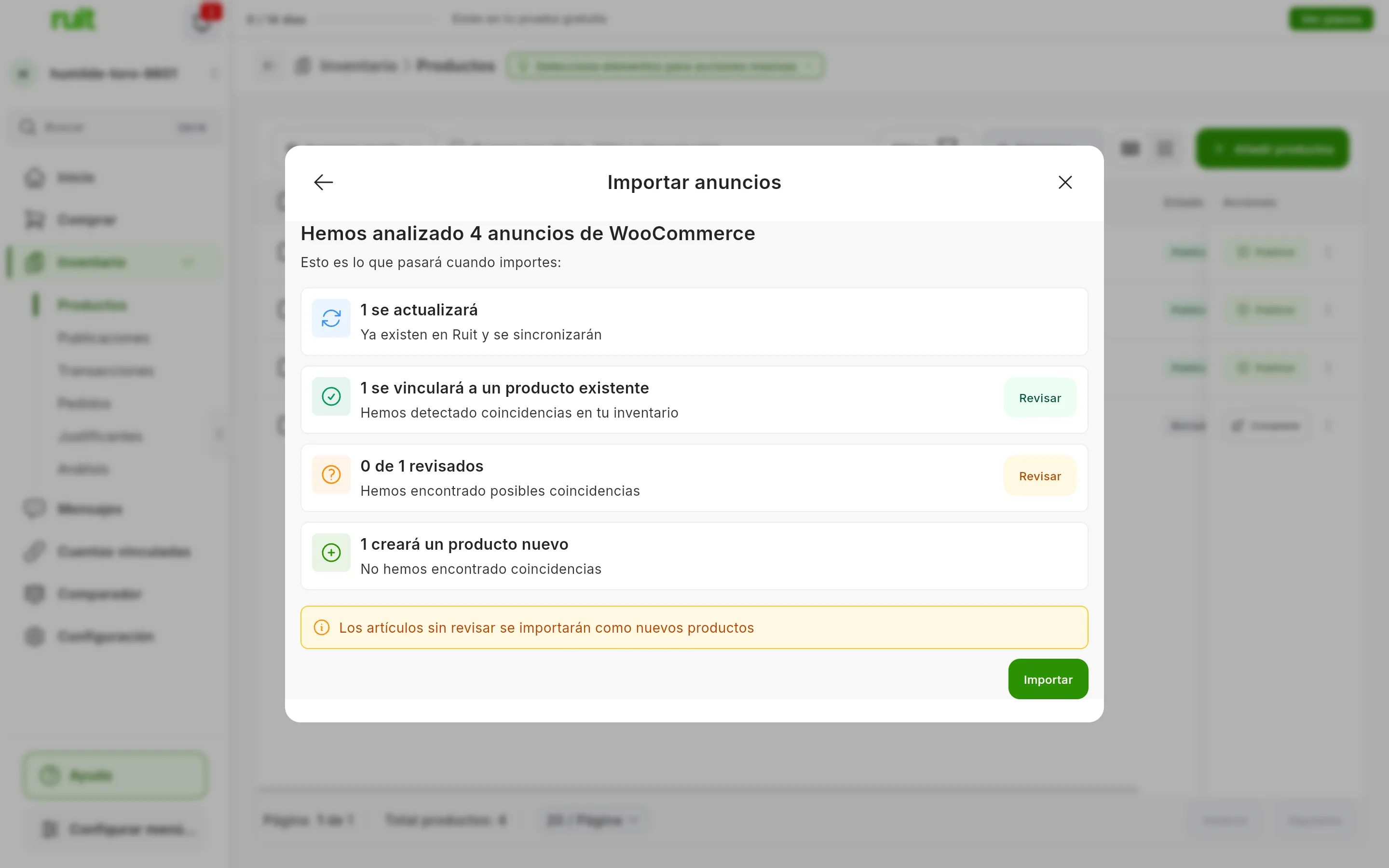 El resumen de los cuatro anuncios marcados antes de importarlos: lo que RUIT va a hacer con ellos y el botón Importar