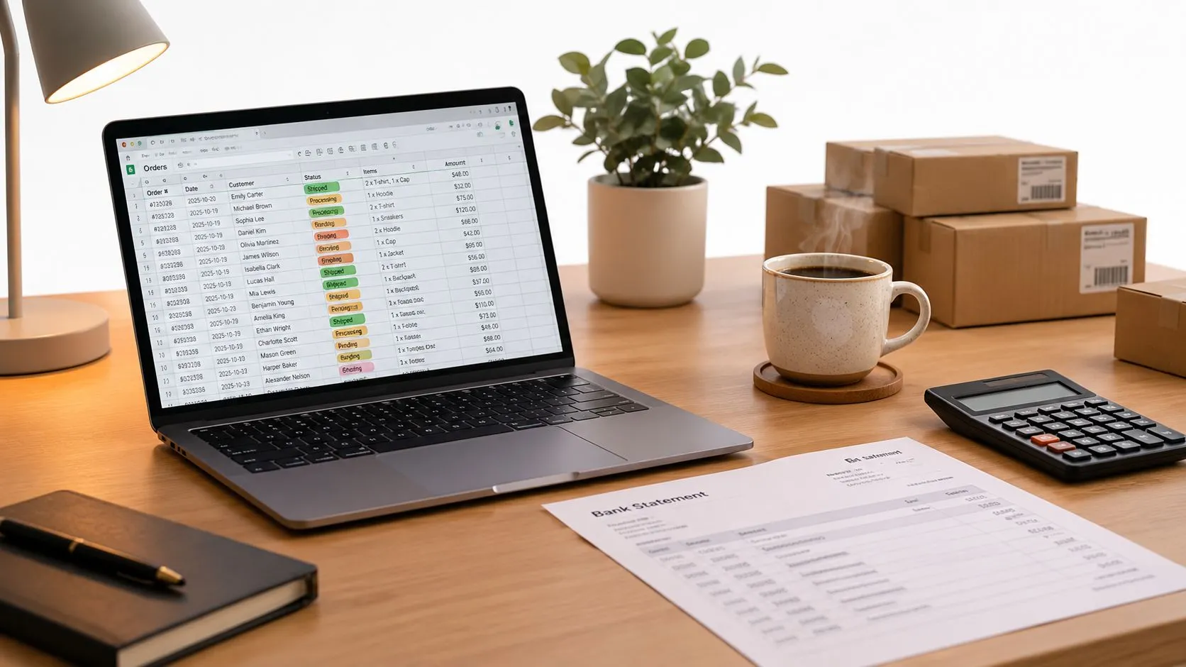 A professional workspace featuring a laptop displaying order spreadsheets, shipping packages, and financial documents on a desk.