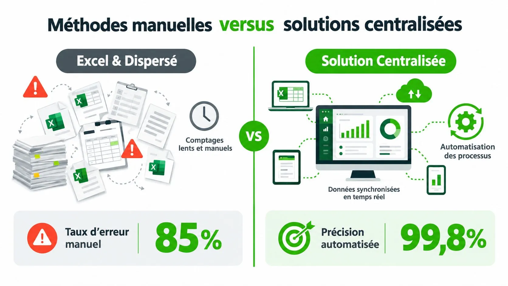 Comparaison infographique entre la gestion manuelle sur Excel et l'utilisation de solutions logicielles centralisées et automatisées.