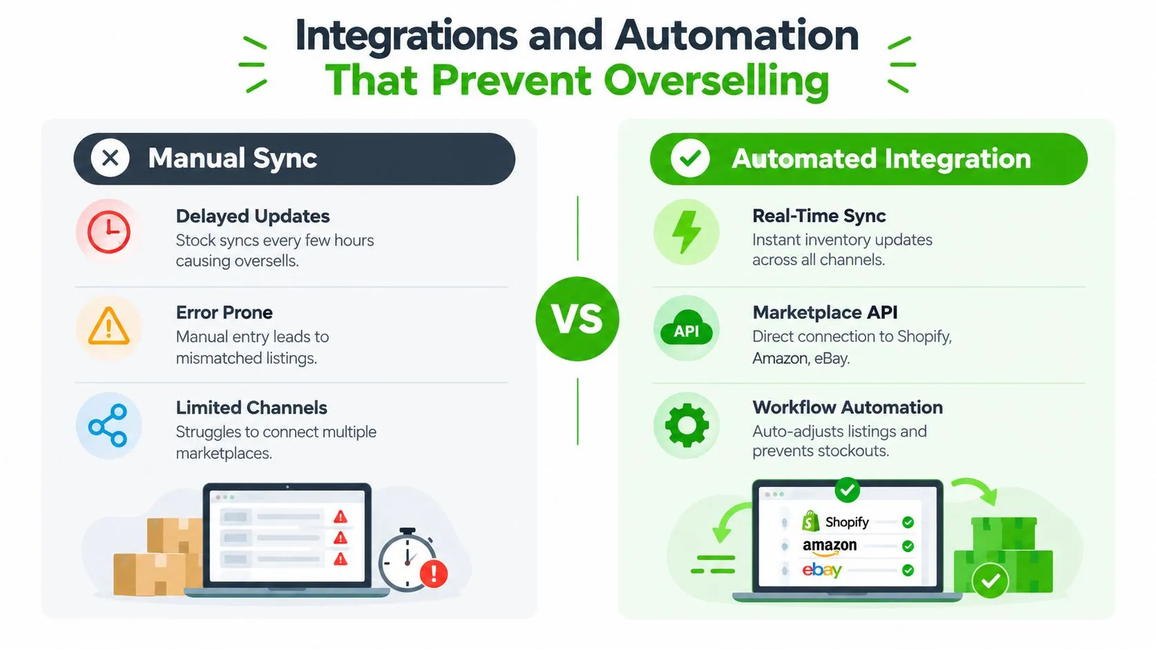 A comparison infographic showing the benefits of automated integration over manual sync for e-commerce inventory management.