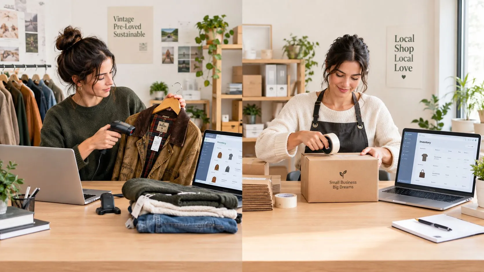 A split image showing a woman scanning clothing inventory and packaging an order for e-commerce shipment.