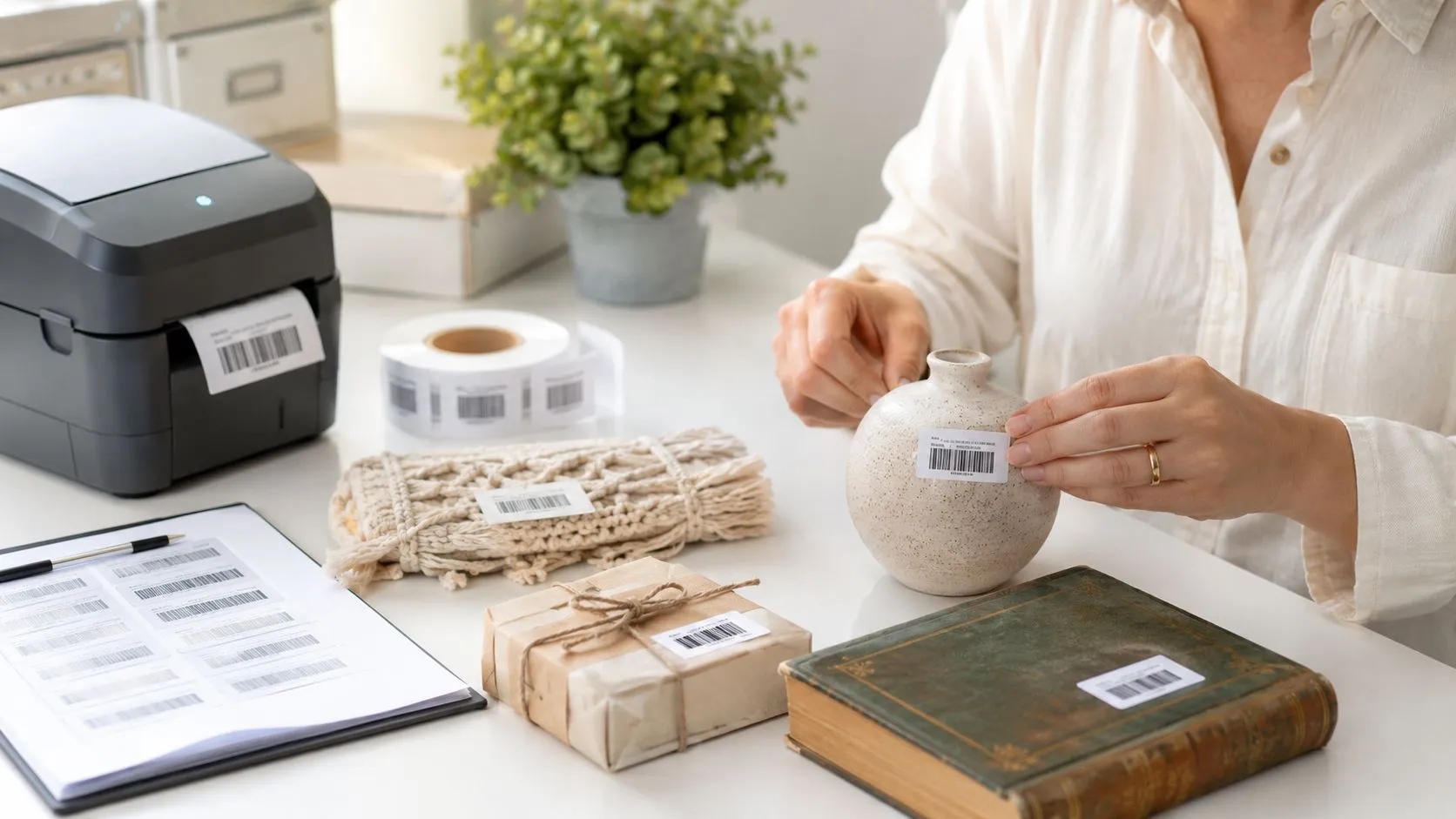 A person applying barcode labels to home goods and books for organized inventory management at a desk.