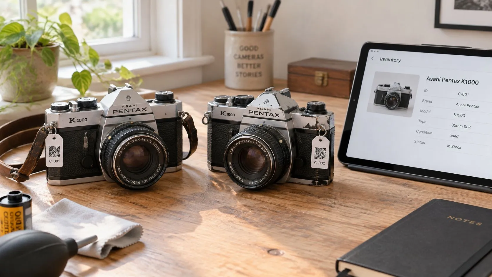 Two vintage Asahi Pentax K1000 film cameras with QR code inventory tags on a wooden desk.