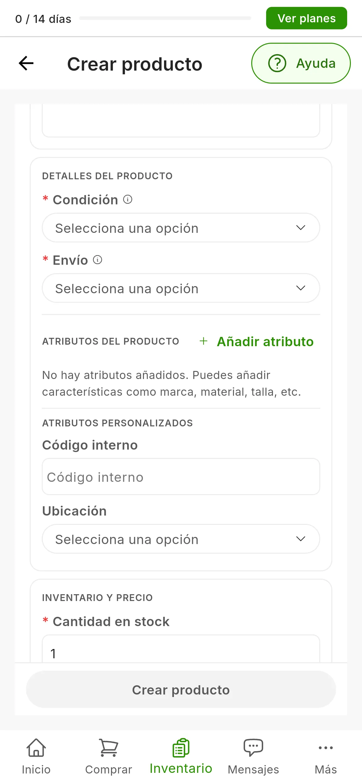 La parte central del formulario de crear producto: DETALLES DEL PRODUCTO con Condición y Envío, obligatorios; ATRIBUTOS DEL PRODUCTO con el botón Añadir atributo; y ATRIBUTOS PERSONALIZADOS con Código interno y Ubicación