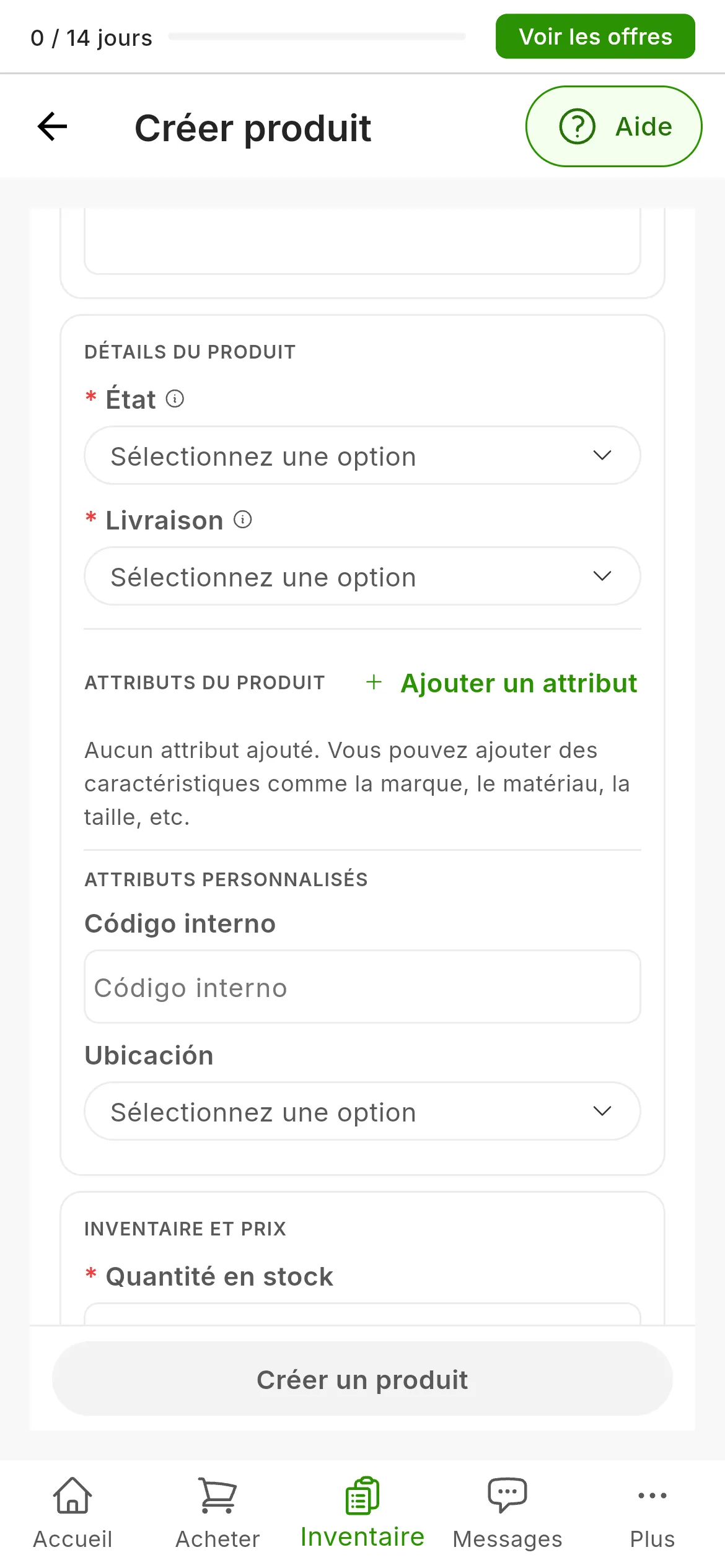 La partie centrale du formulaire de création de produit : DÉTAILS DU PRODUIT avec État et Livraison, obligatoires ; ATTRIBUTS DU PRODUIT avec le bouton Ajouter un attribut ; et ATTRIBUTS PERSONNALISÉS avec Código interno et Ubicación
