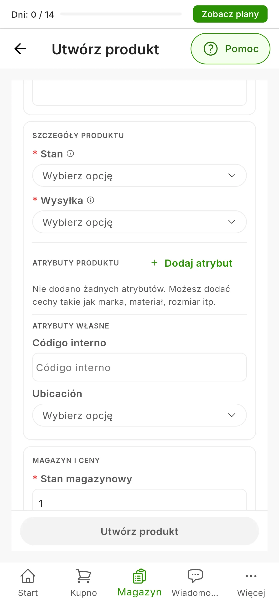 Środkowa część formularza tworzenia produktu: SZCZEGÓŁY PRODUKTU z wymaganymi polami Stan i Wysyłka; ATRYBUTY PRODUKTU z przyciskiem Dodaj atrybut oraz ATRYBUTY WŁASNE z polami Código interno i Ubicación