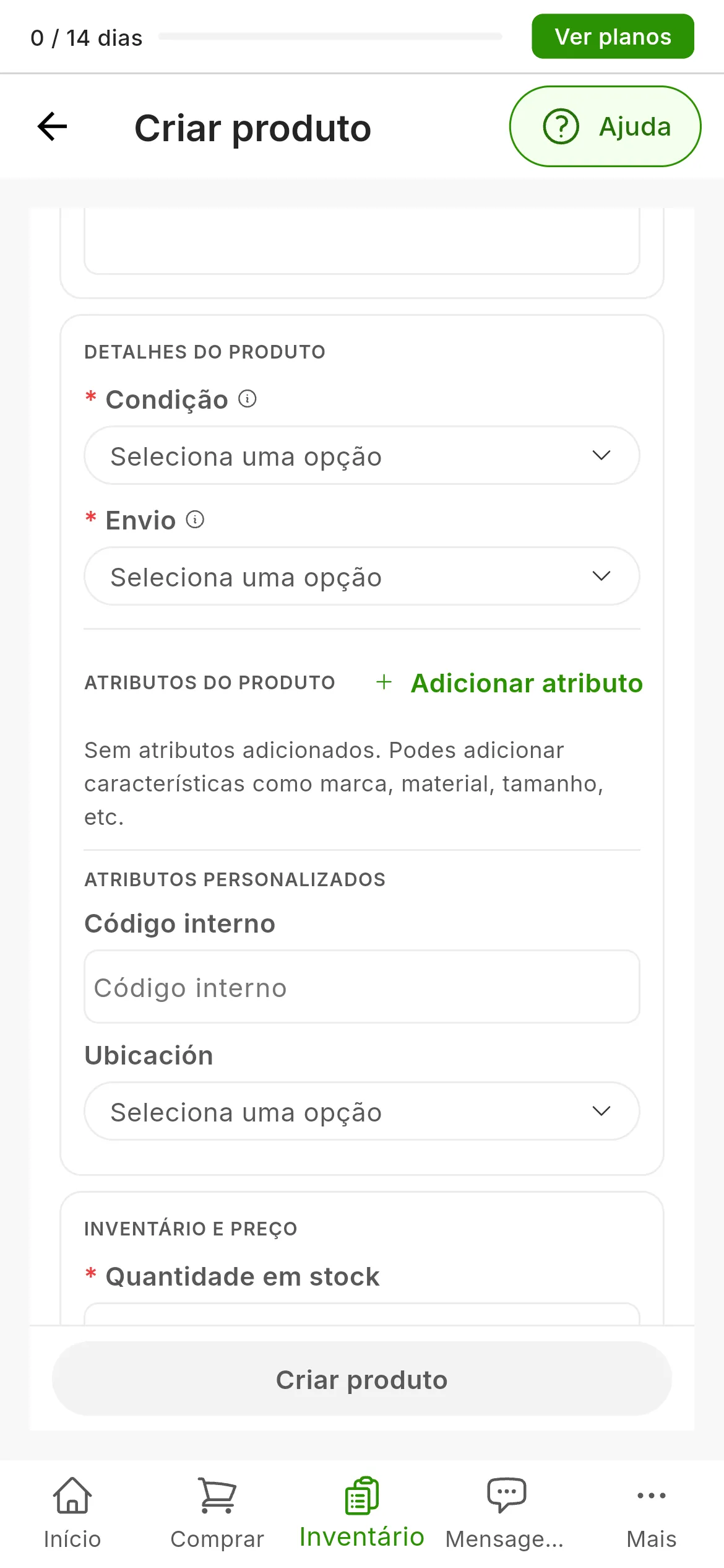 A parte central do formulário de criar produto: DETALHES DO PRODUTO com Condição e Envio, obrigatórios; ATRIBUTOS DO PRODUTO com o botão Adicionar atributo; e ATRIBUTOS PERSONALIZADOS com Código interno e Ubicación