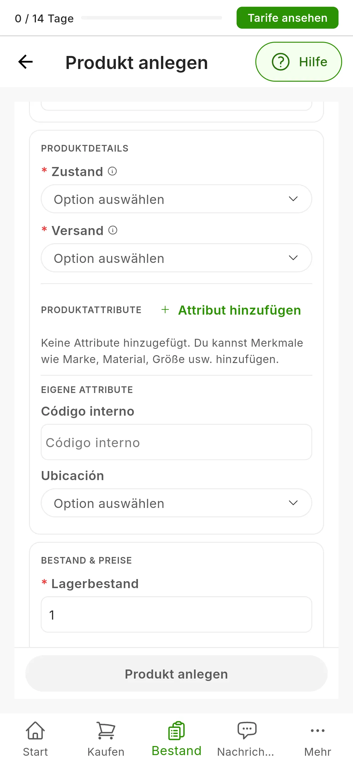 Der mittlere Teil des Formulars zum Anlegen eines Produkts: PRODUKTDETAILS mit den Pflichtfeldern Zustand und Versand; PRODUKTATTRIBUTE mit der Schaltfläche Attribut hinzufügen; und EIGENE ATTRIBUTE mit Código interno und Ubicación